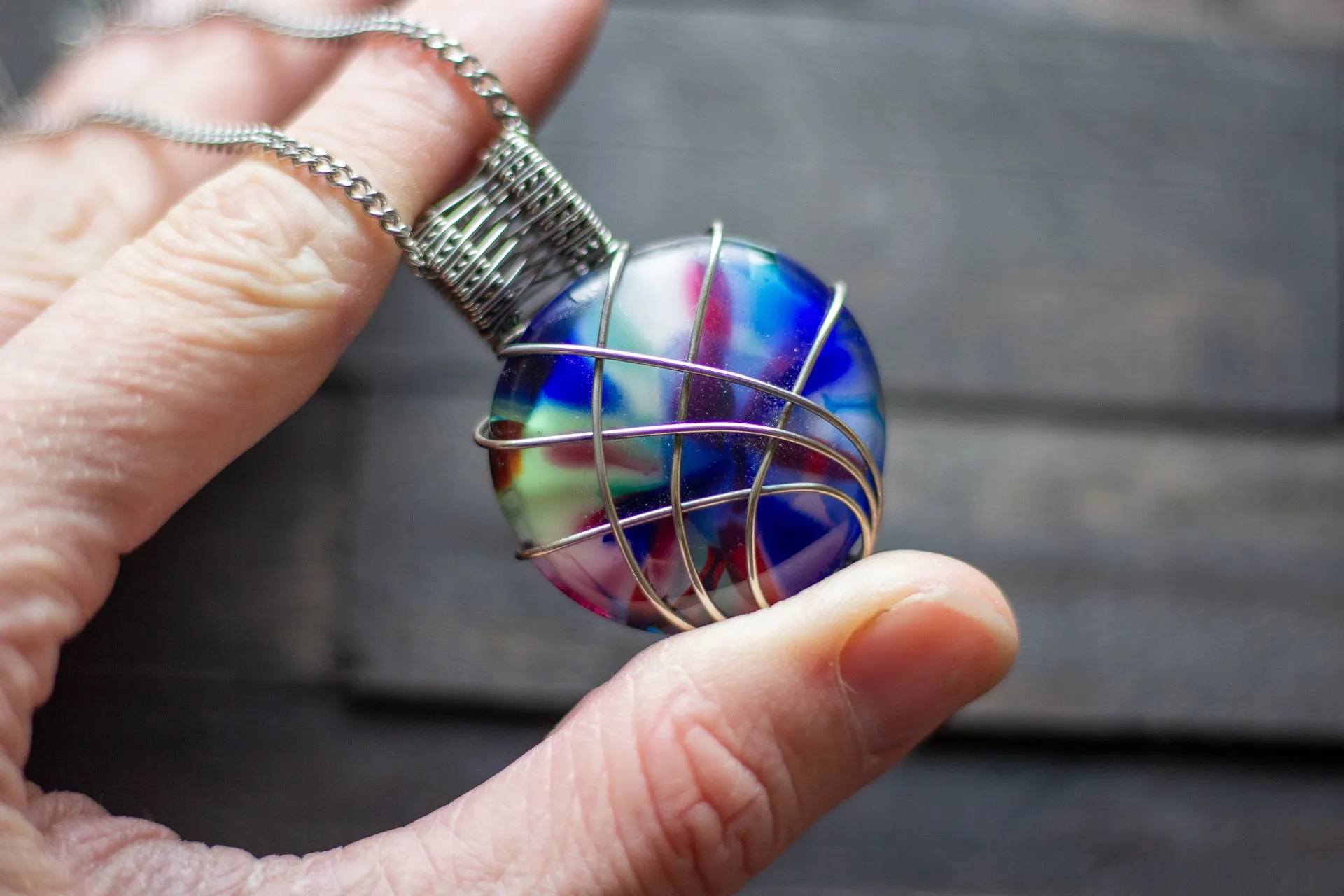 Crisscross Sterling Silver Pendant with Multi-color Fused Glass Cabochon