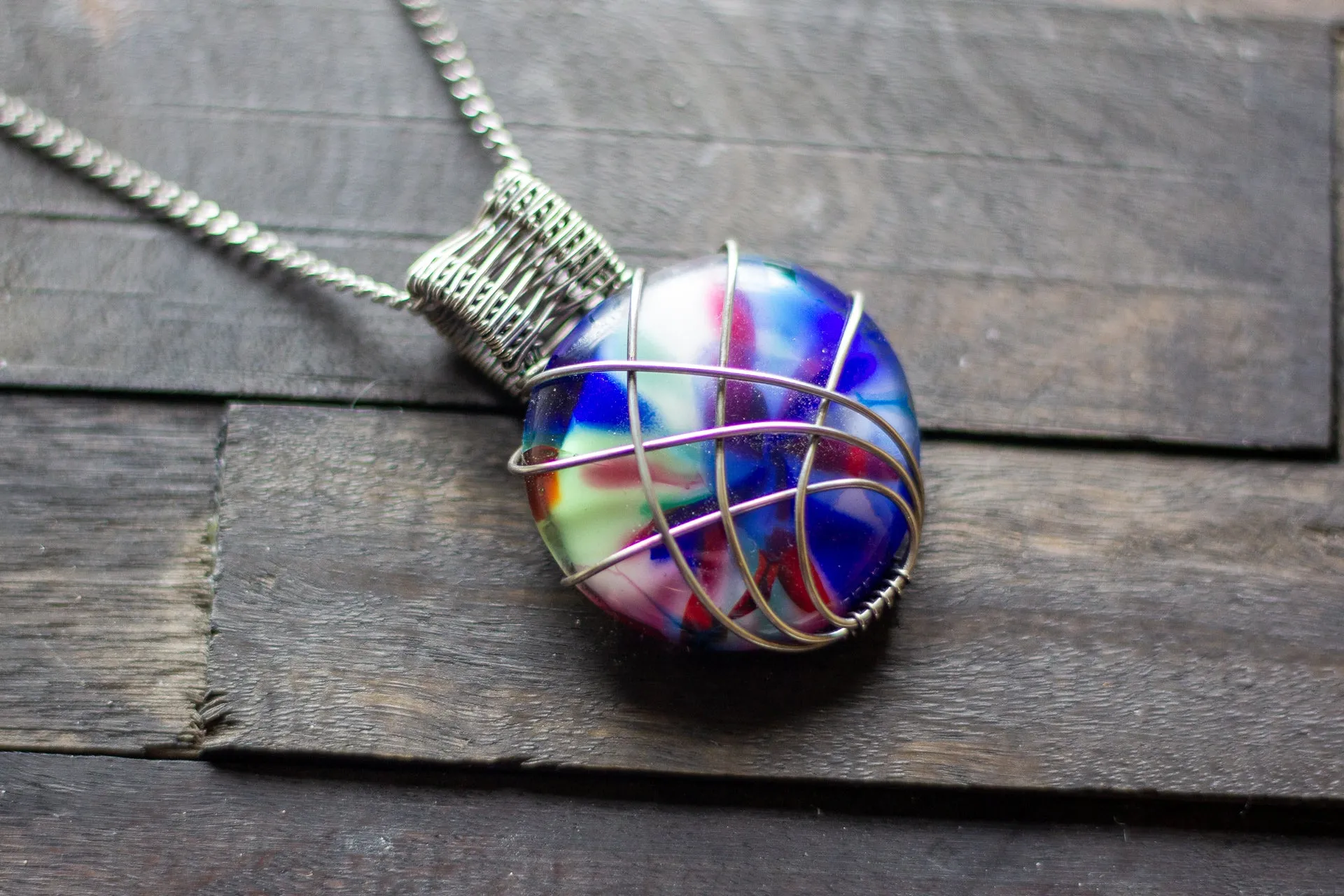 Crisscross Sterling Silver Pendant with Multi-color Fused Glass Cabochon