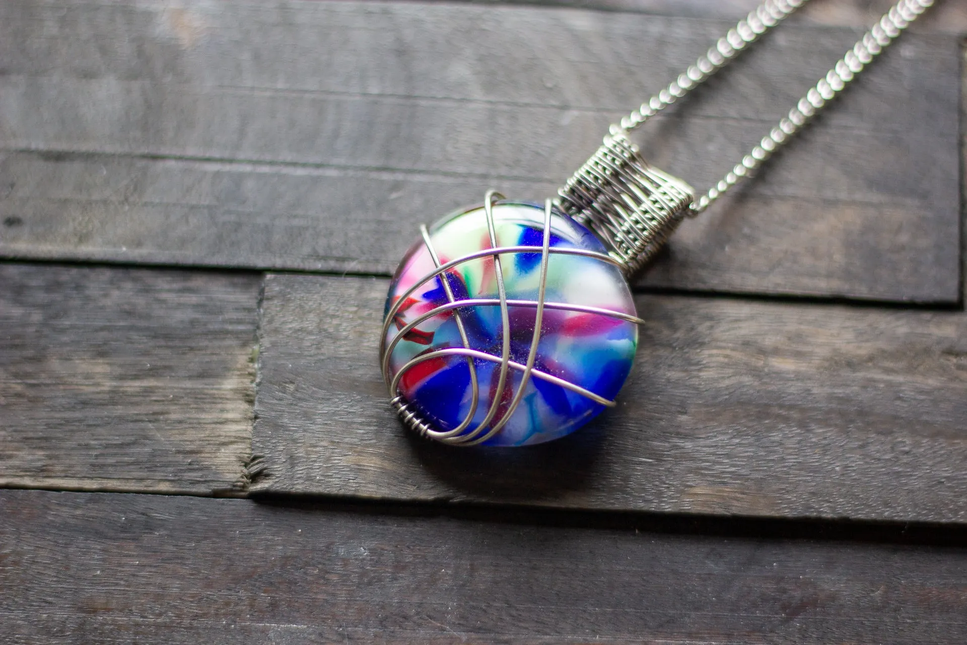 Crisscross Sterling Silver Pendant with Multi-color Fused Glass Cabochon
