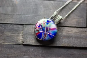 Crisscross Sterling Silver Pendant with Multi-color Fused Glass Cabochon