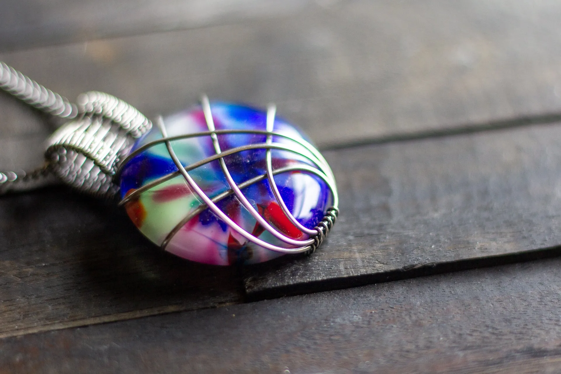 Crisscross Sterling Silver Pendant with Multi-color Fused Glass Cabochon