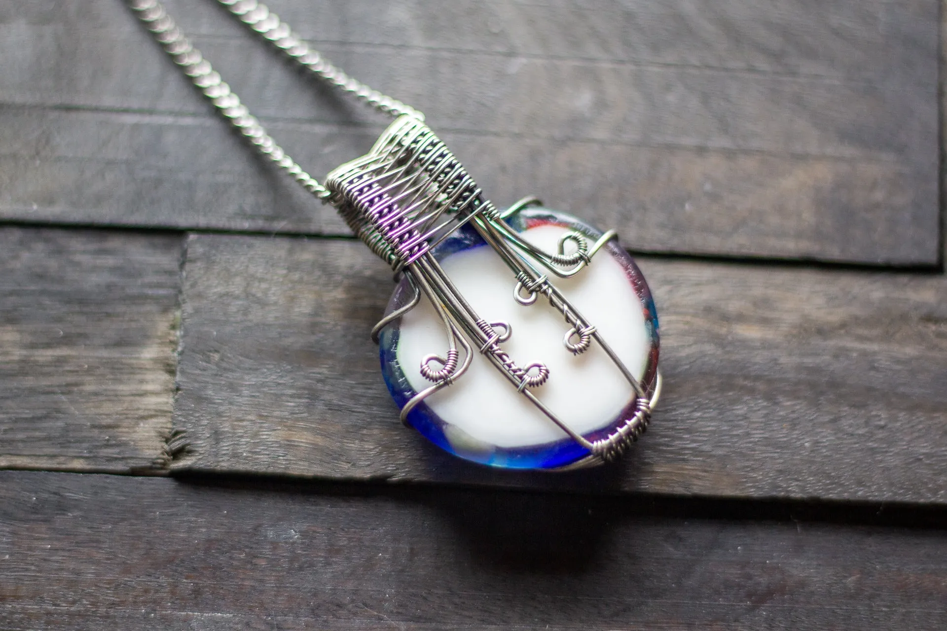 Crisscross Sterling Silver Pendant with Multi-color Fused Glass Cabochon