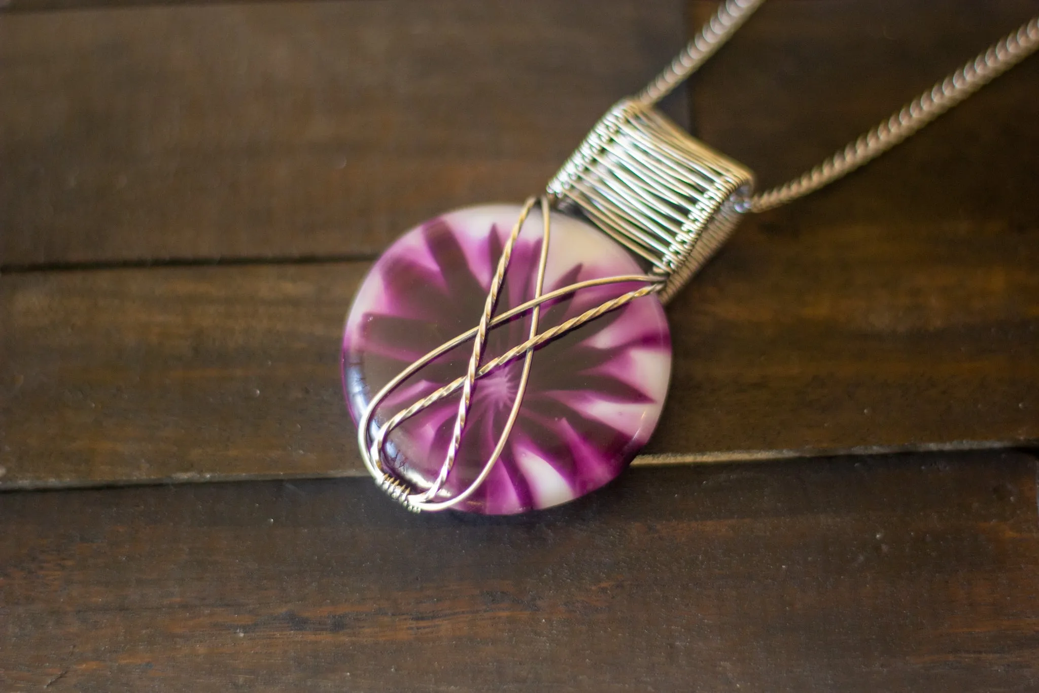 Crisscross Sterling Silver Pendant with Purple and White Fused Glass