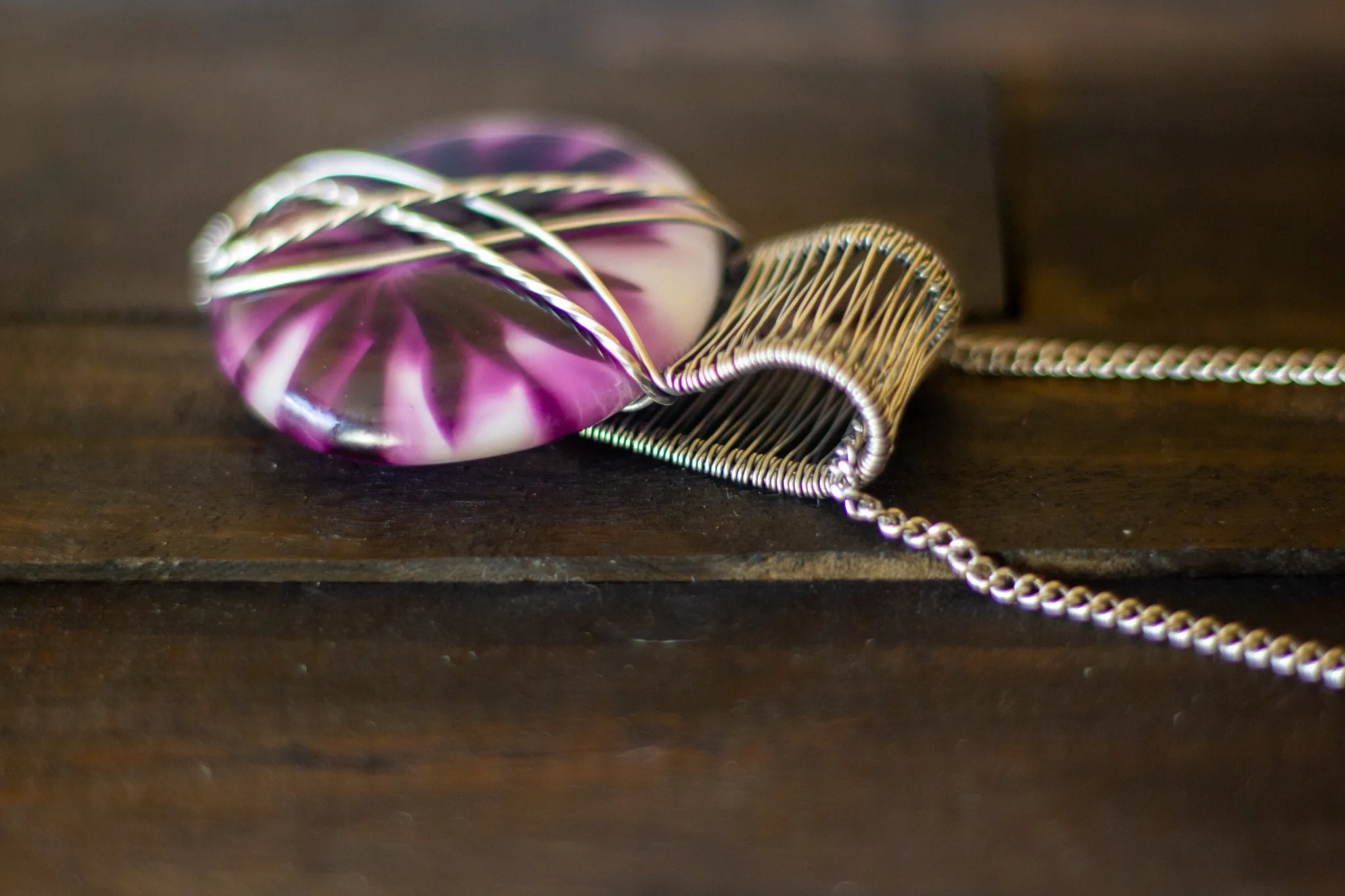 Crisscross Sterling Silver Pendant with Purple and White Fused Glass