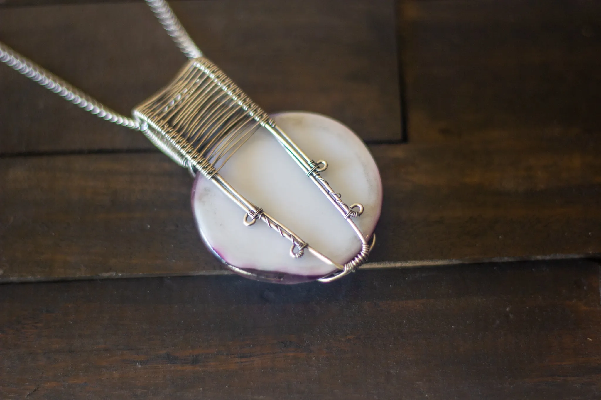 Crisscross Sterling Silver Pendant with Purple and White Fused Glass