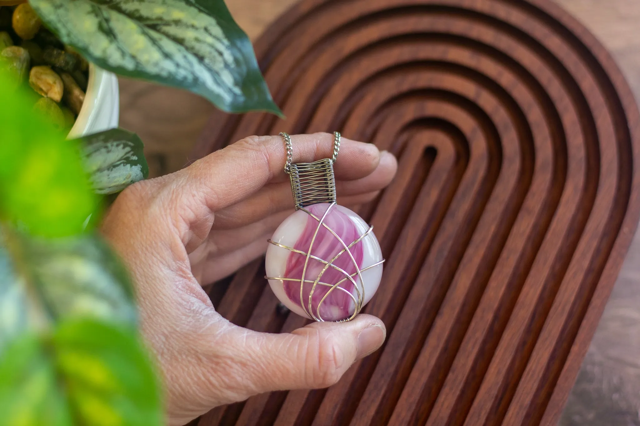 Crisscross Sterling Silver Pendant with Swirling Pink Fused Glass Cabochon