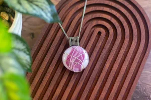Crisscross Sterling Silver Pendant with Swirling Pink Fused Glass Cabochon