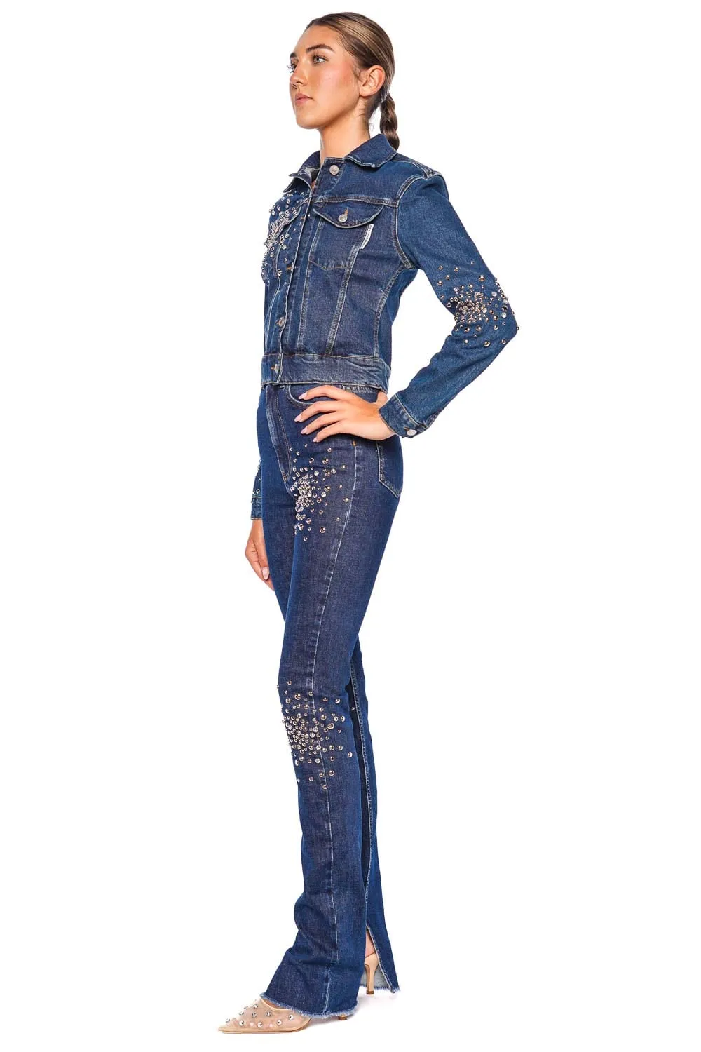 Crystal Embellished Side Slit Skinny Jean