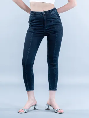 Dark Blue Pleated Skinny Fit Jeans For Women