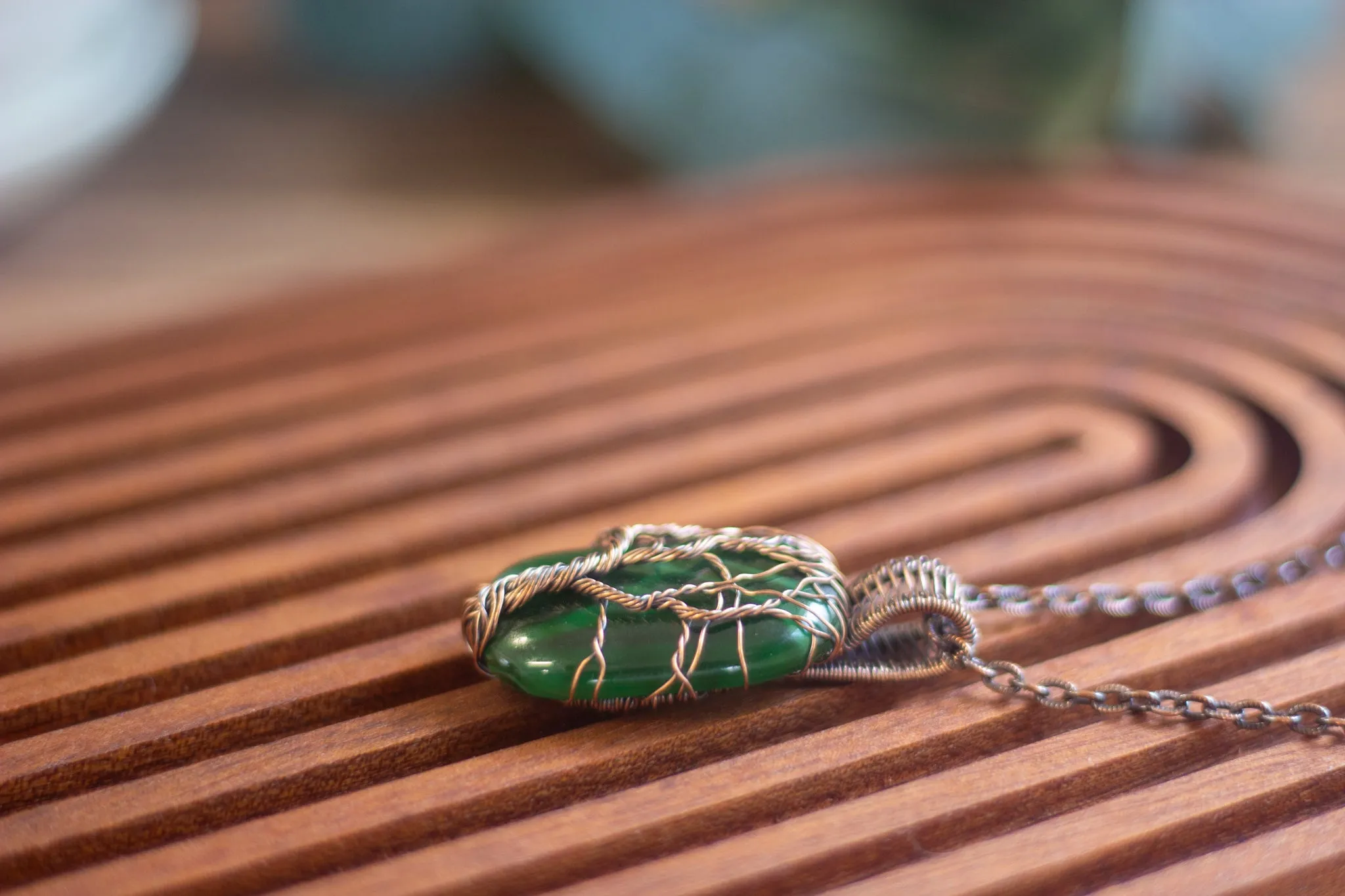 Dark Green Fused Glass Pendant with Copper Tree of Life