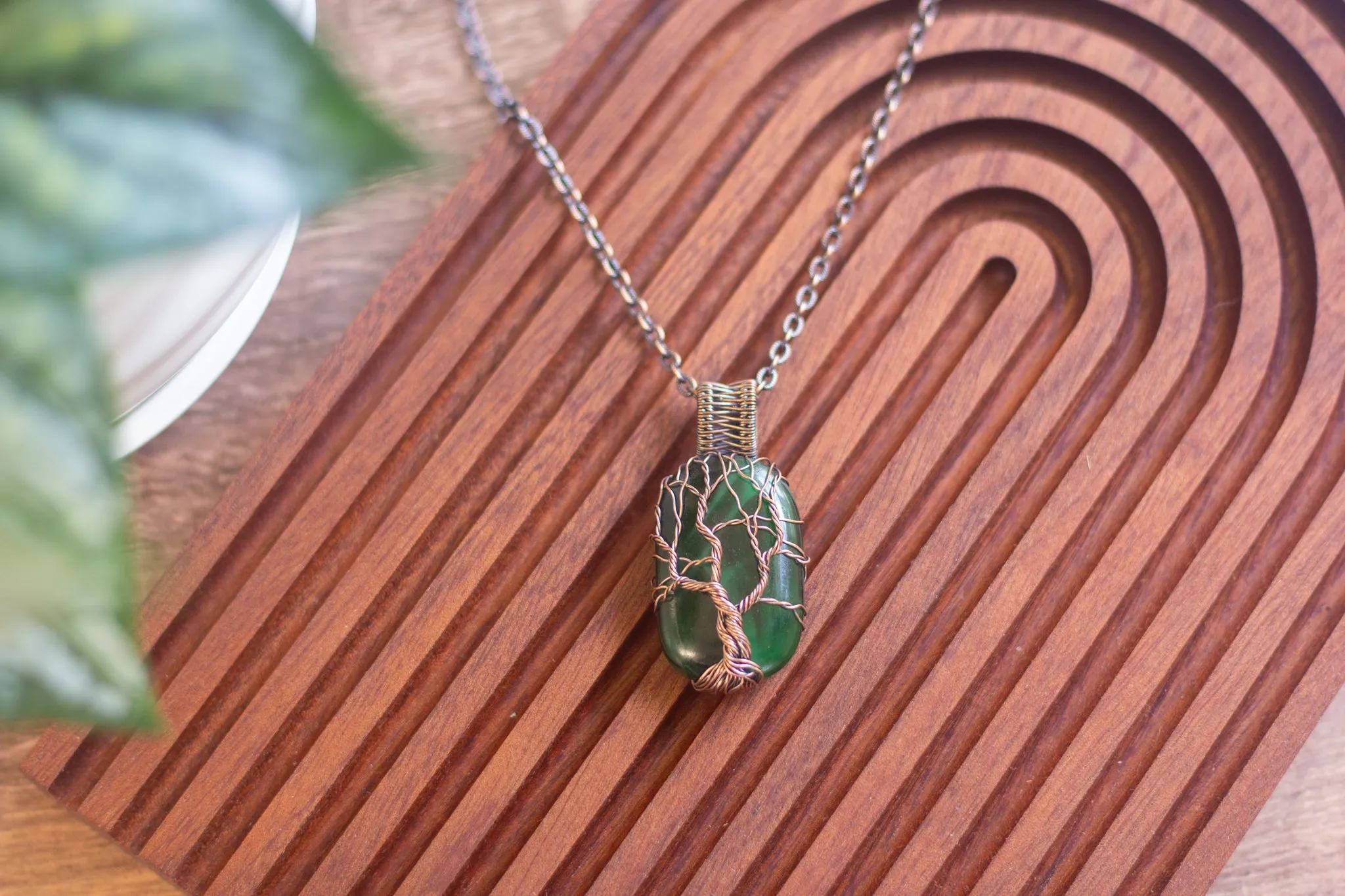 Dark Green Fused Glass Pendant with Copper Tree of Life