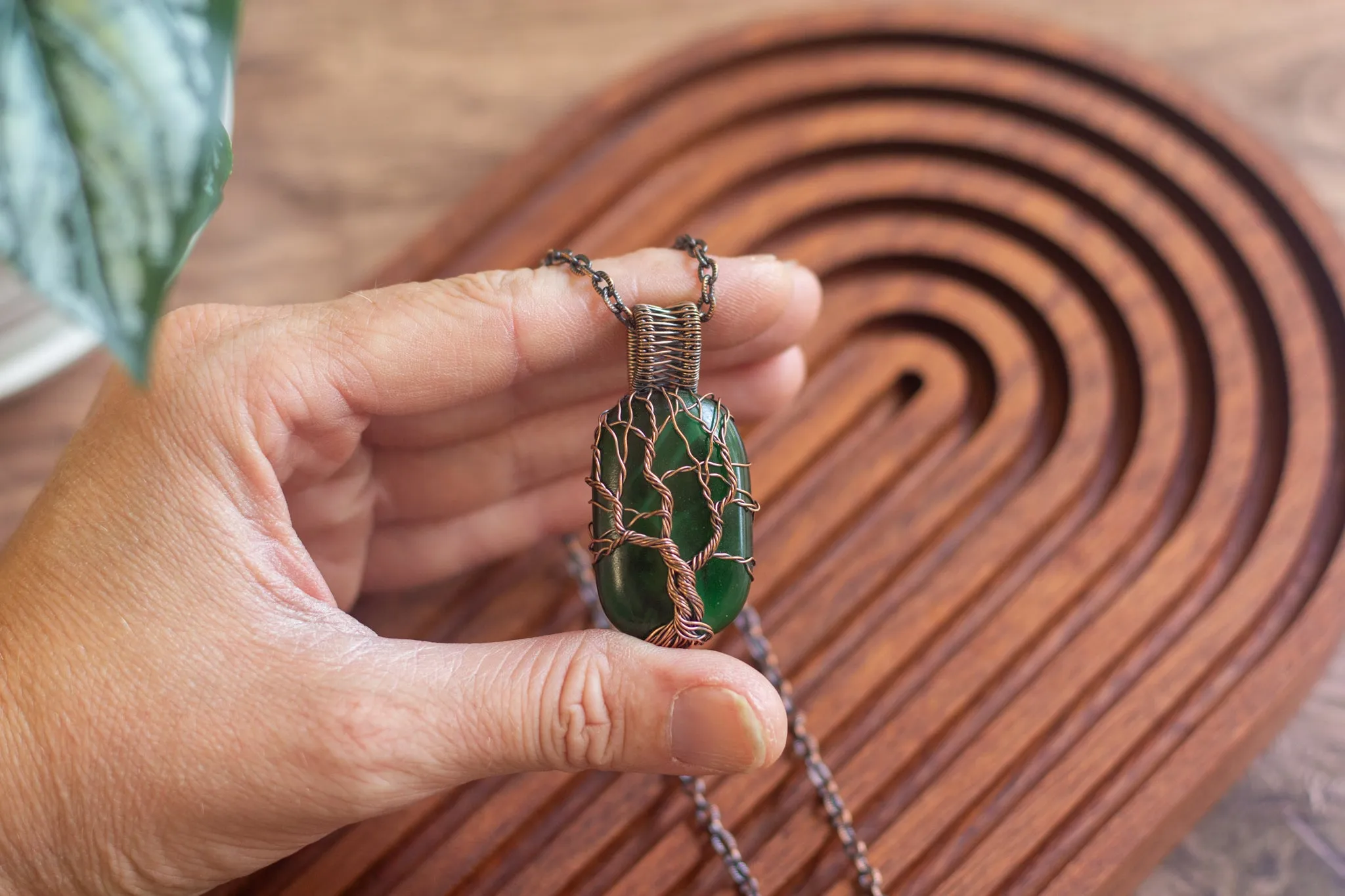 Dark Green Fused Glass Pendant with Copper Tree of Life