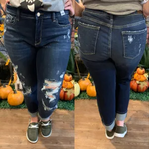 Dark Wash Bleach Splash Distressed Mid Rise Jeans