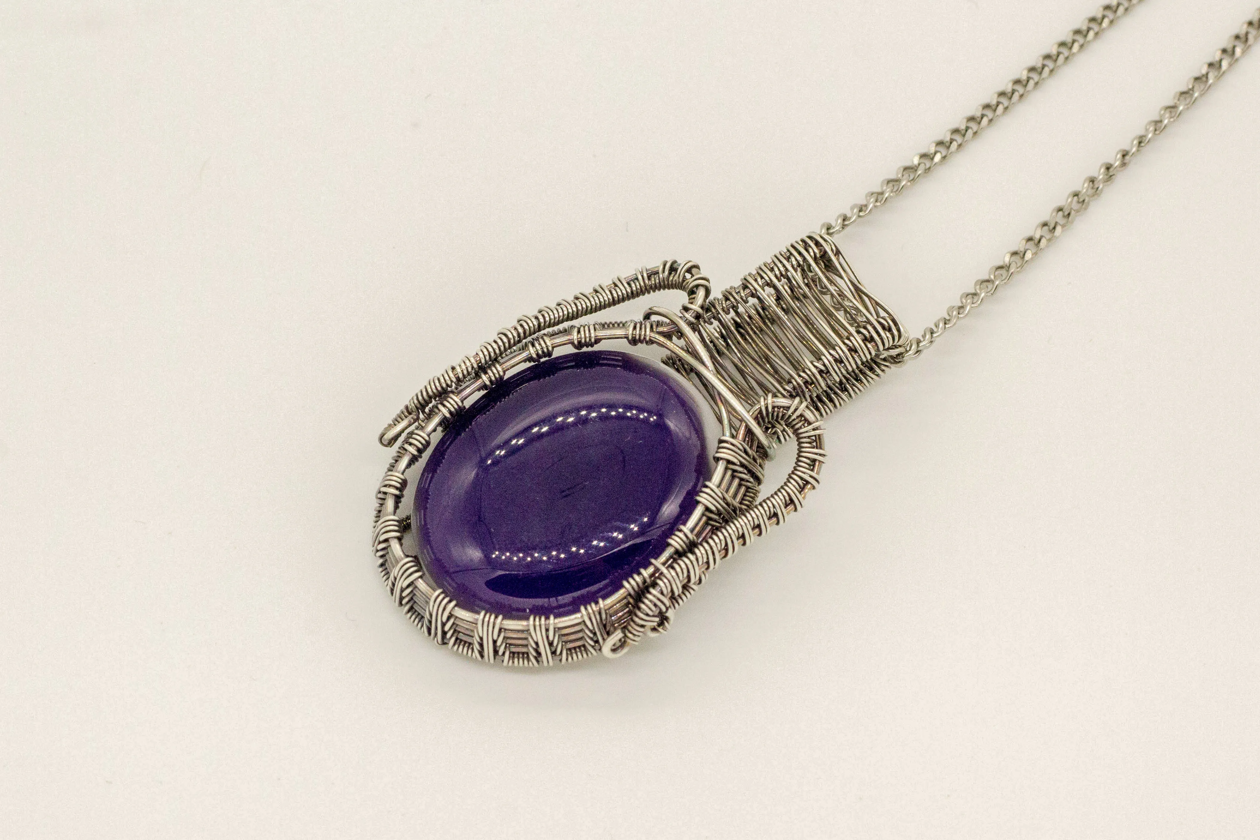 Deep Purple Fused Glass and Sterling Silver Wire Wrapped Pendant