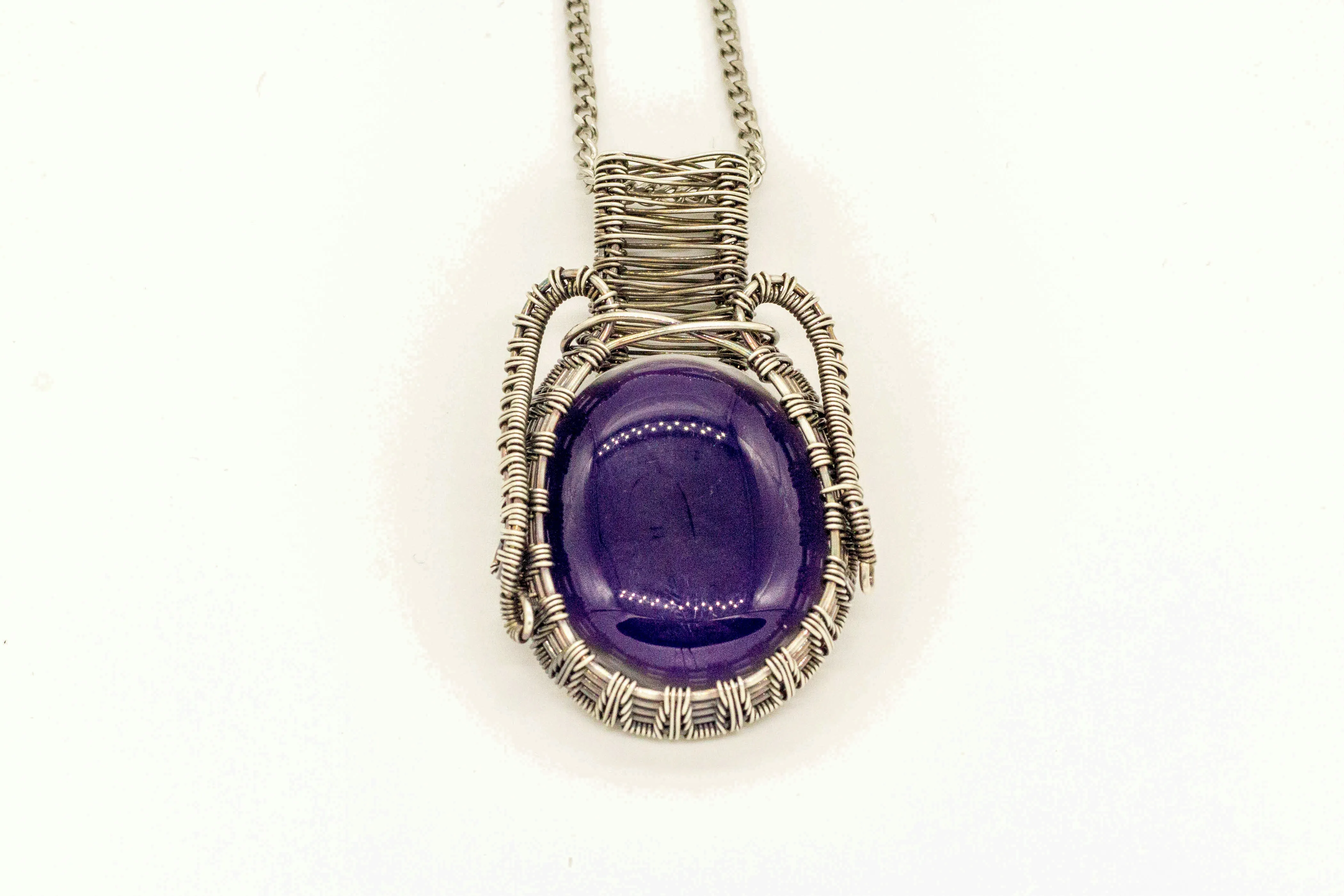 Deep Purple Fused Glass and Sterling Silver Wire Wrapped Pendant