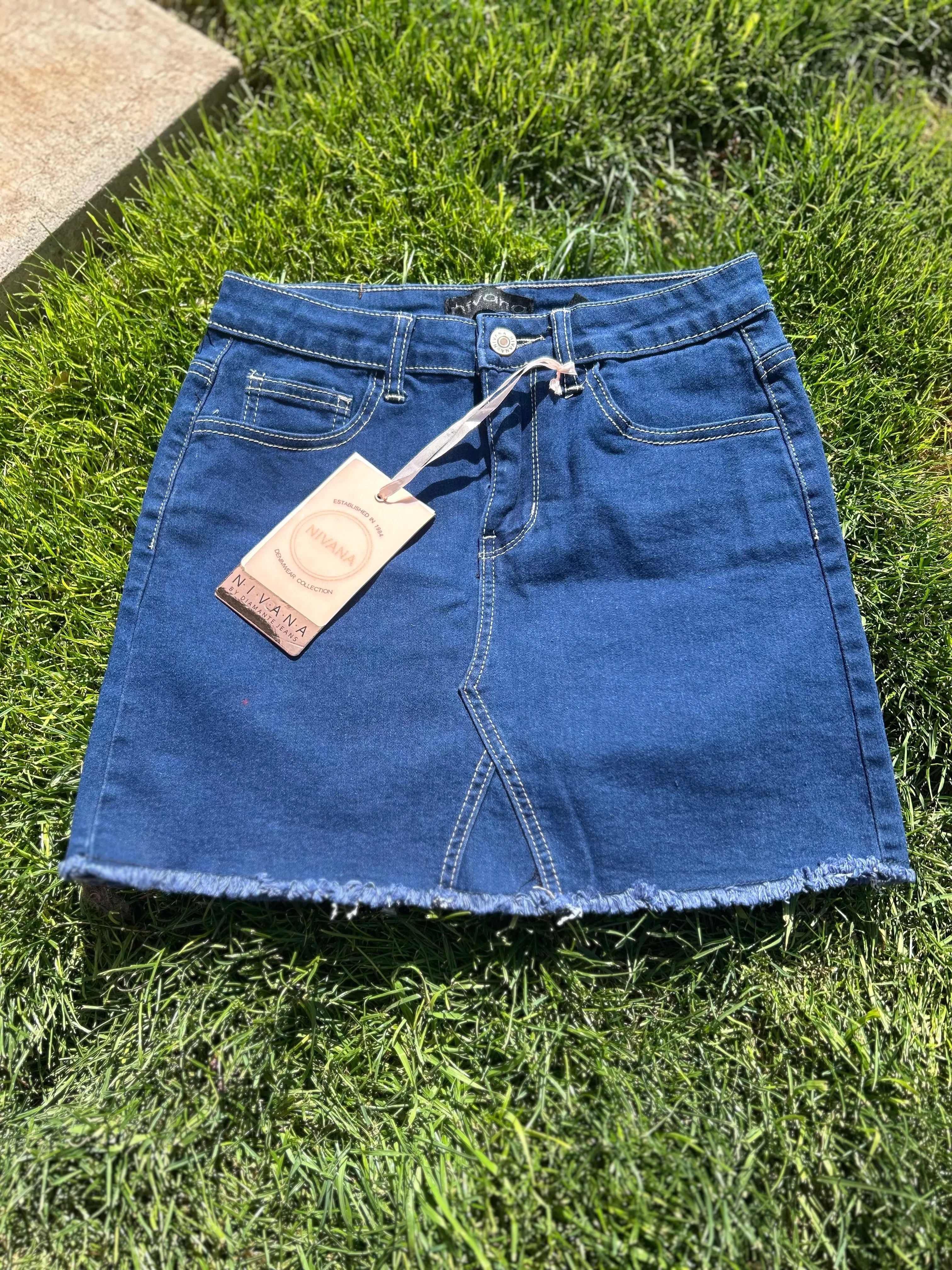Denim Blue Frayed Hem Mini Skirt