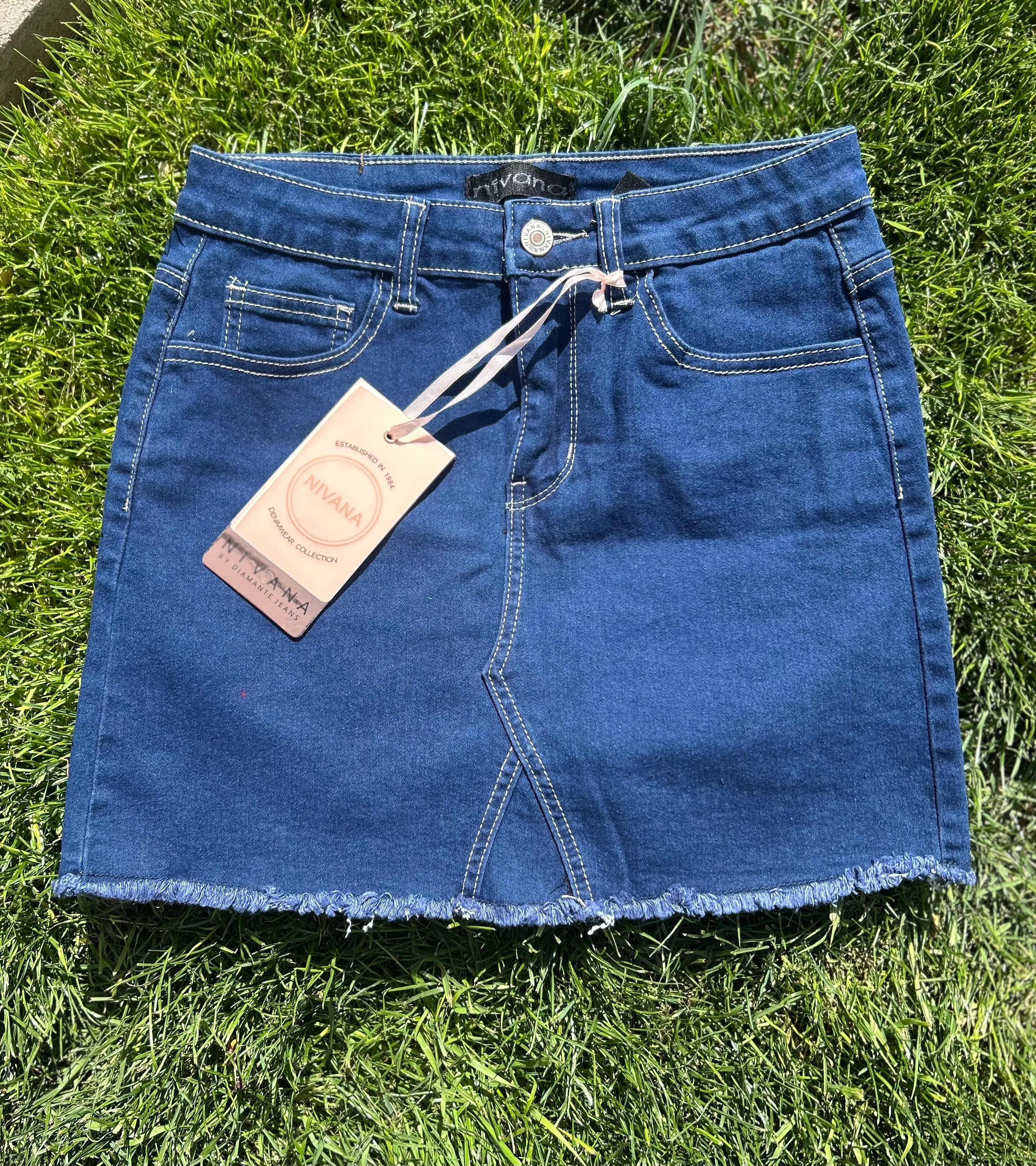 Denim Blue Frayed Hem Mini Skirt