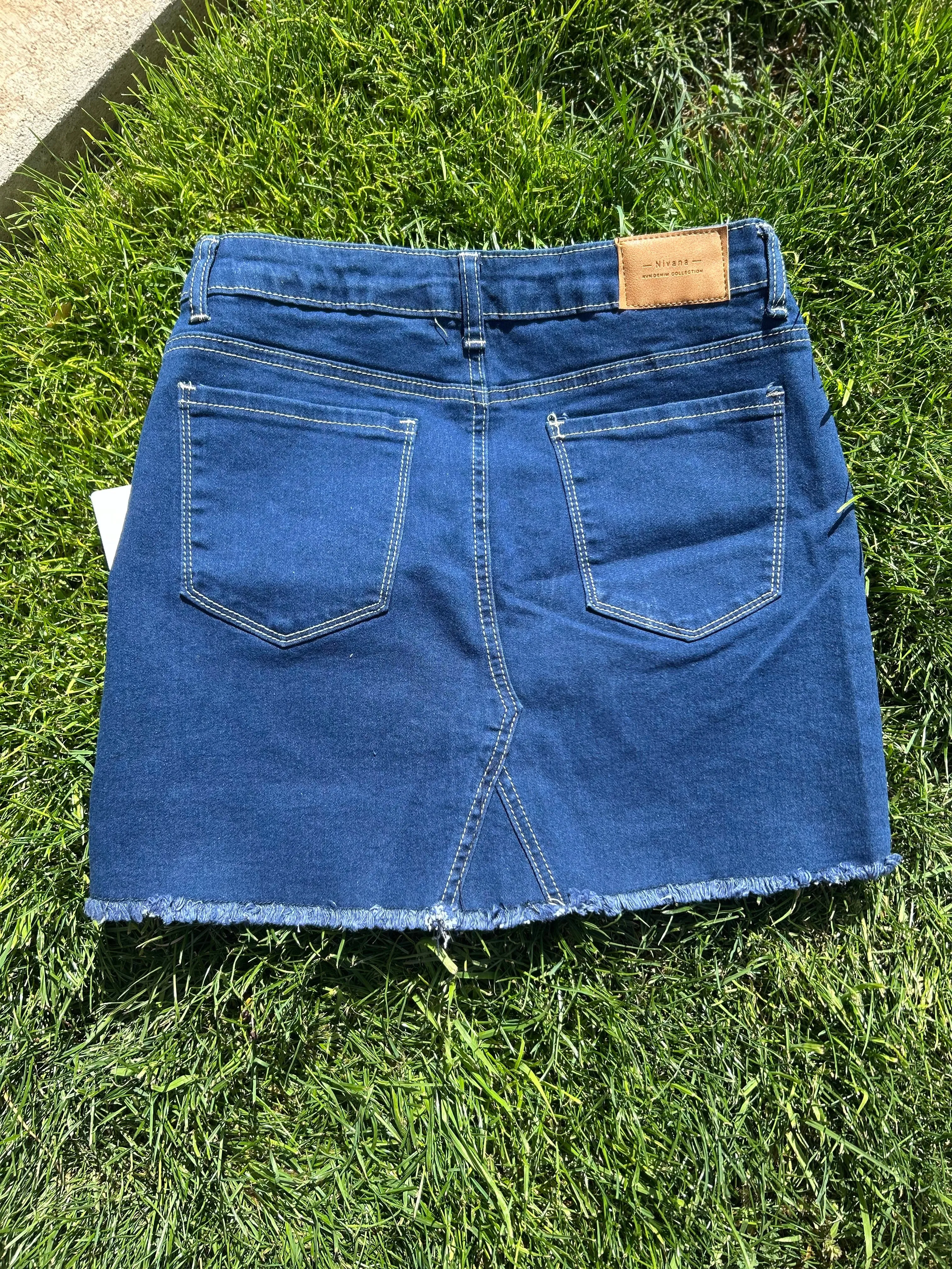 Denim Blue Frayed Hem Mini Skirt