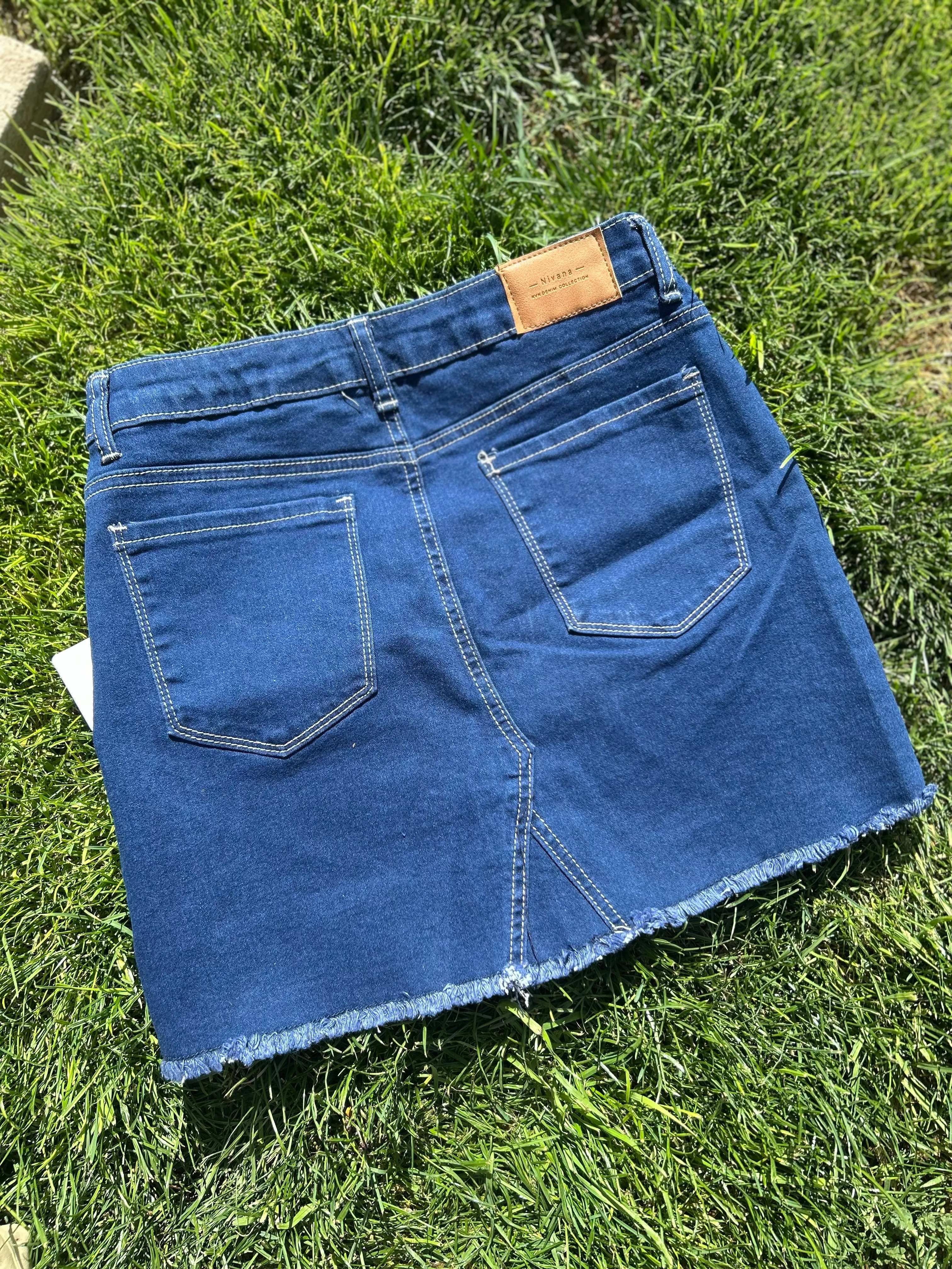 Denim Blue Frayed Hem Mini Skirt