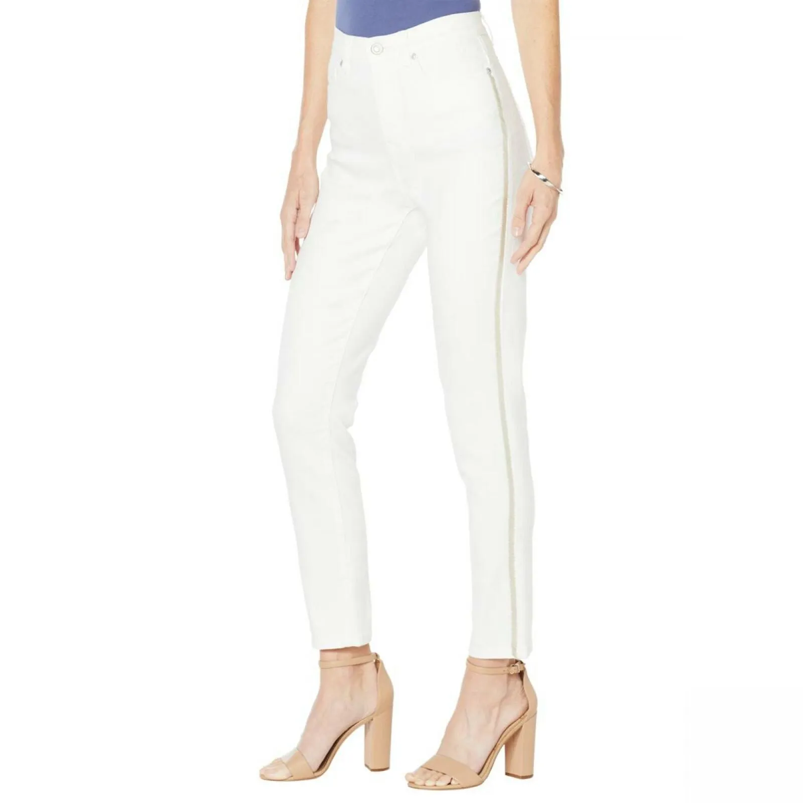 DG2 by Diane Gilman Virtual Stretch Beaded Side Stripe Jeans White 6
