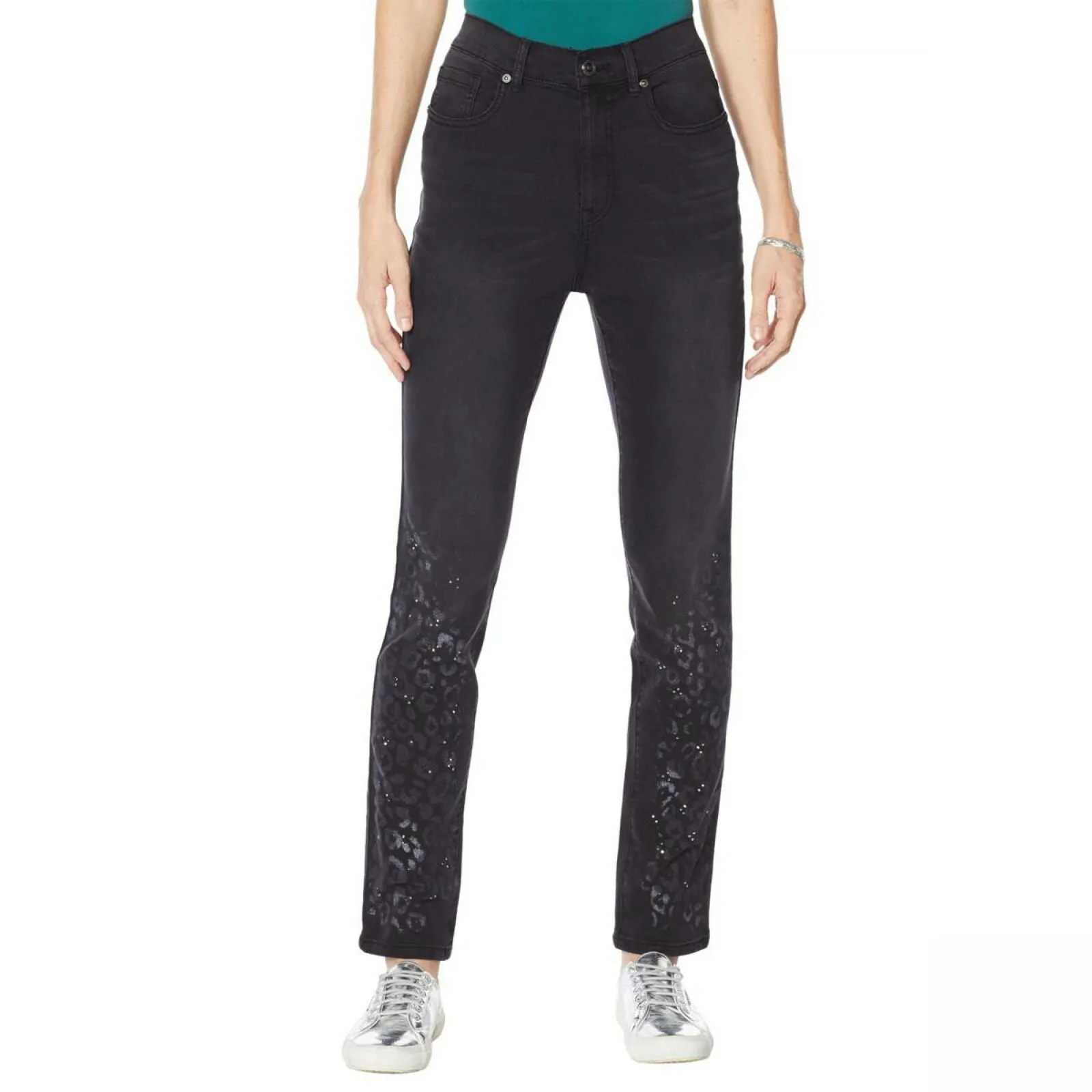 DG2 by Diane Gilman Women's Stretch Artwork Slim Leg Jeans Black Animal 14
