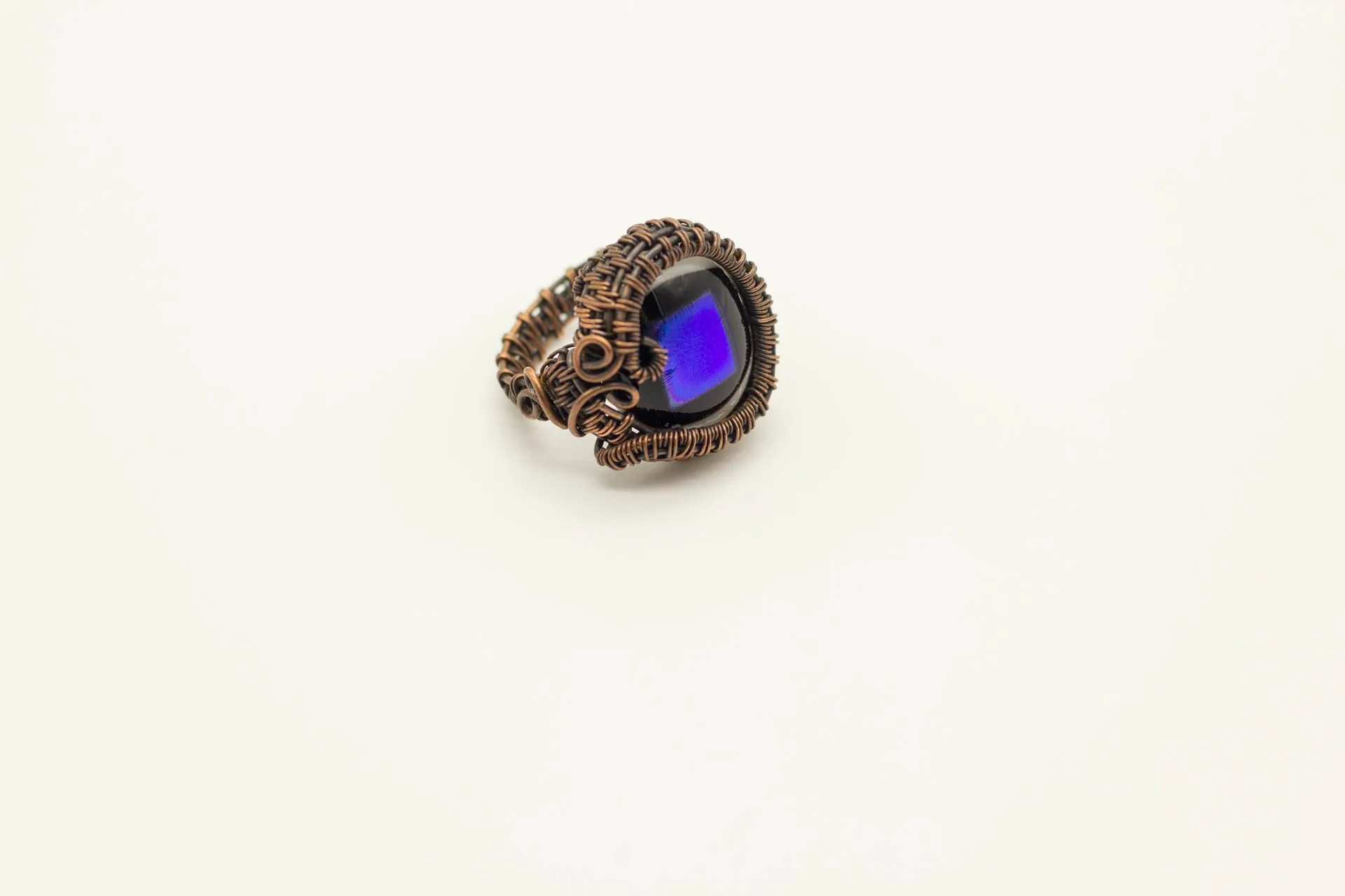 Dichroic Blue and Black Fused Glass and Copper Wire Wrapped Statement Ring