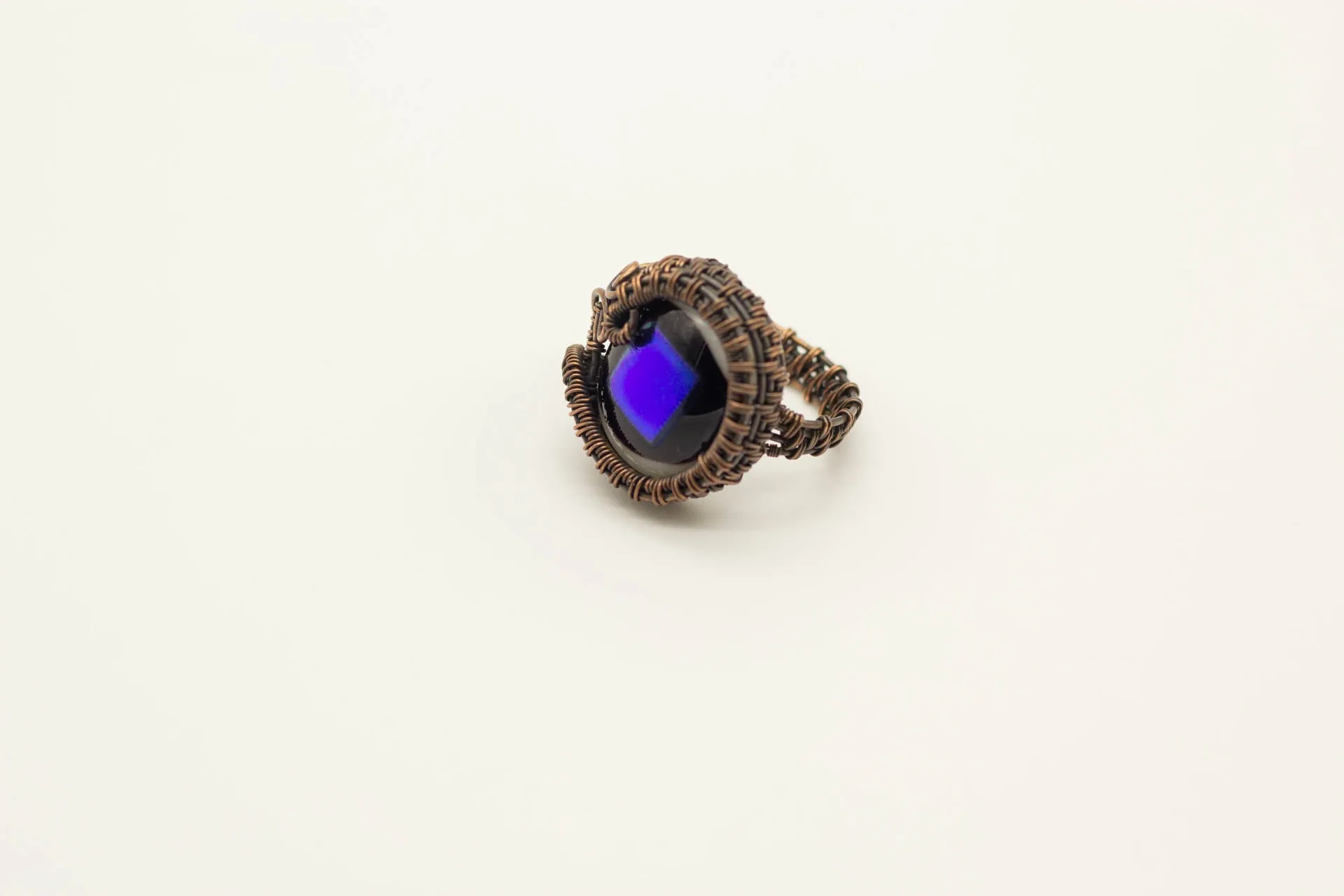 Dichroic Blue and Black Fused Glass and Copper Wire Wrapped Statement Ring