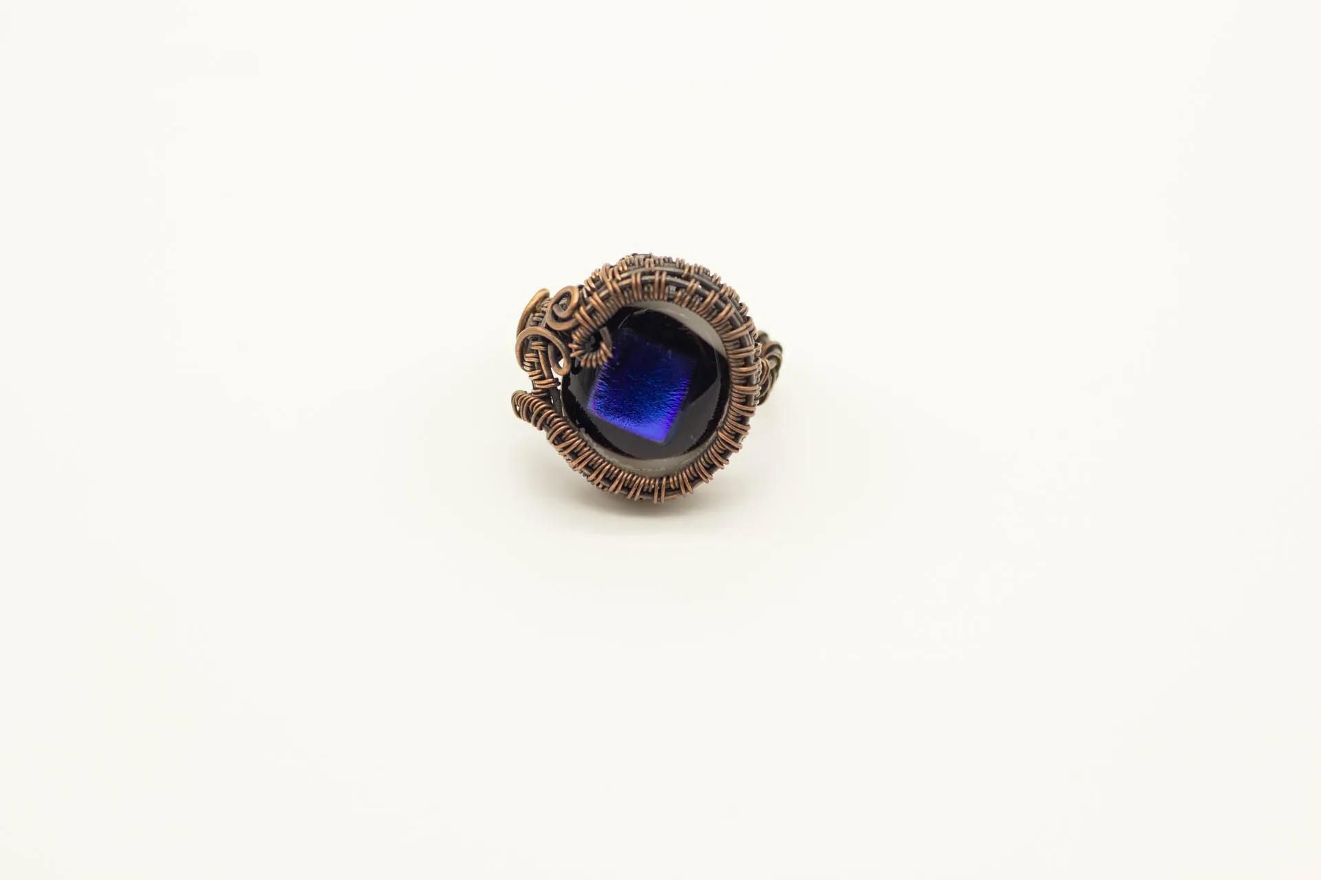 Dichroic Blue and Black Fused Glass and Copper Wire Wrapped Statement Ring