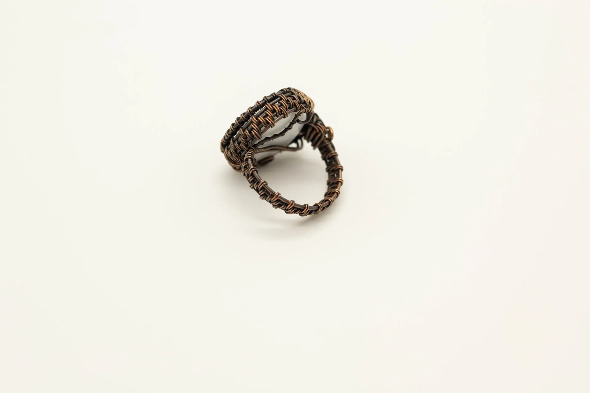 Dichroic Blue and Black Fused Glass and Copper Wire Wrapped Statement Ring
