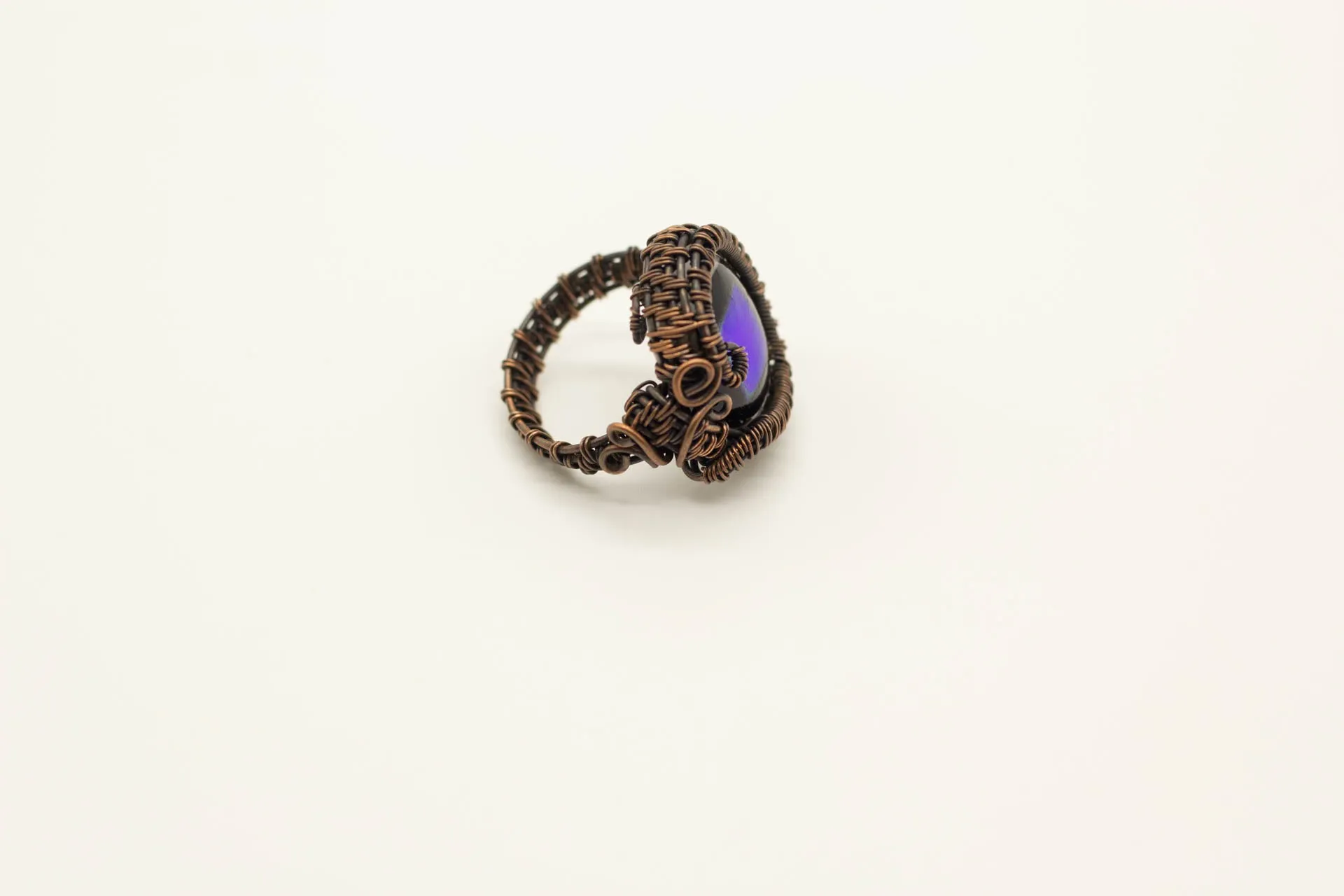Dichroic Blue and Black Fused Glass and Copper Wire Wrapped Statement Ring