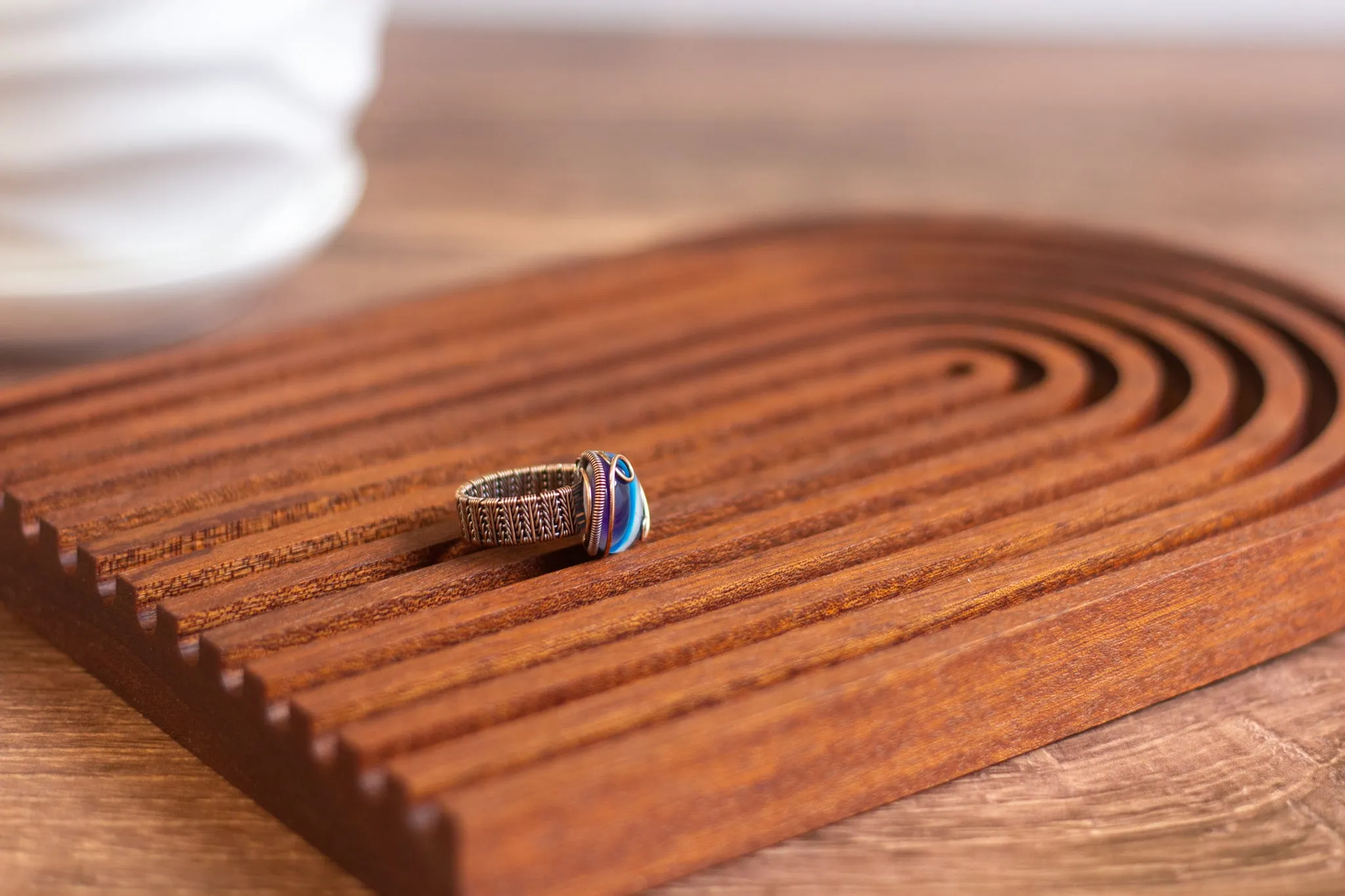 Dichroic Blue, Purple, and White Fused Glass and Copper Statement Ring