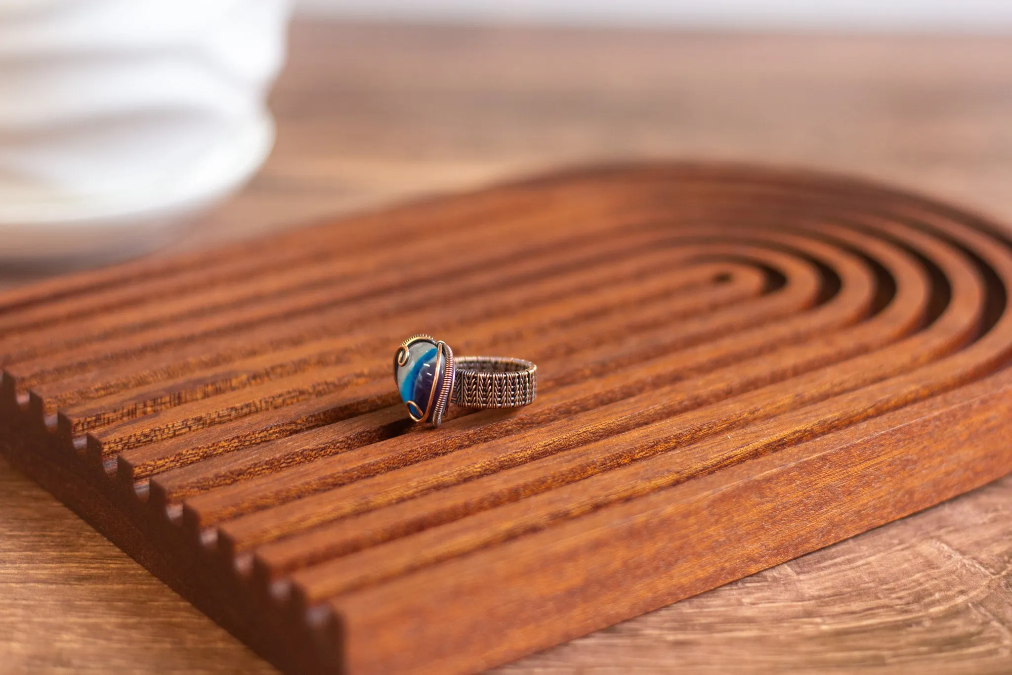 Dichroic Blue, Purple, and White Fused Glass and Copper Statement Ring