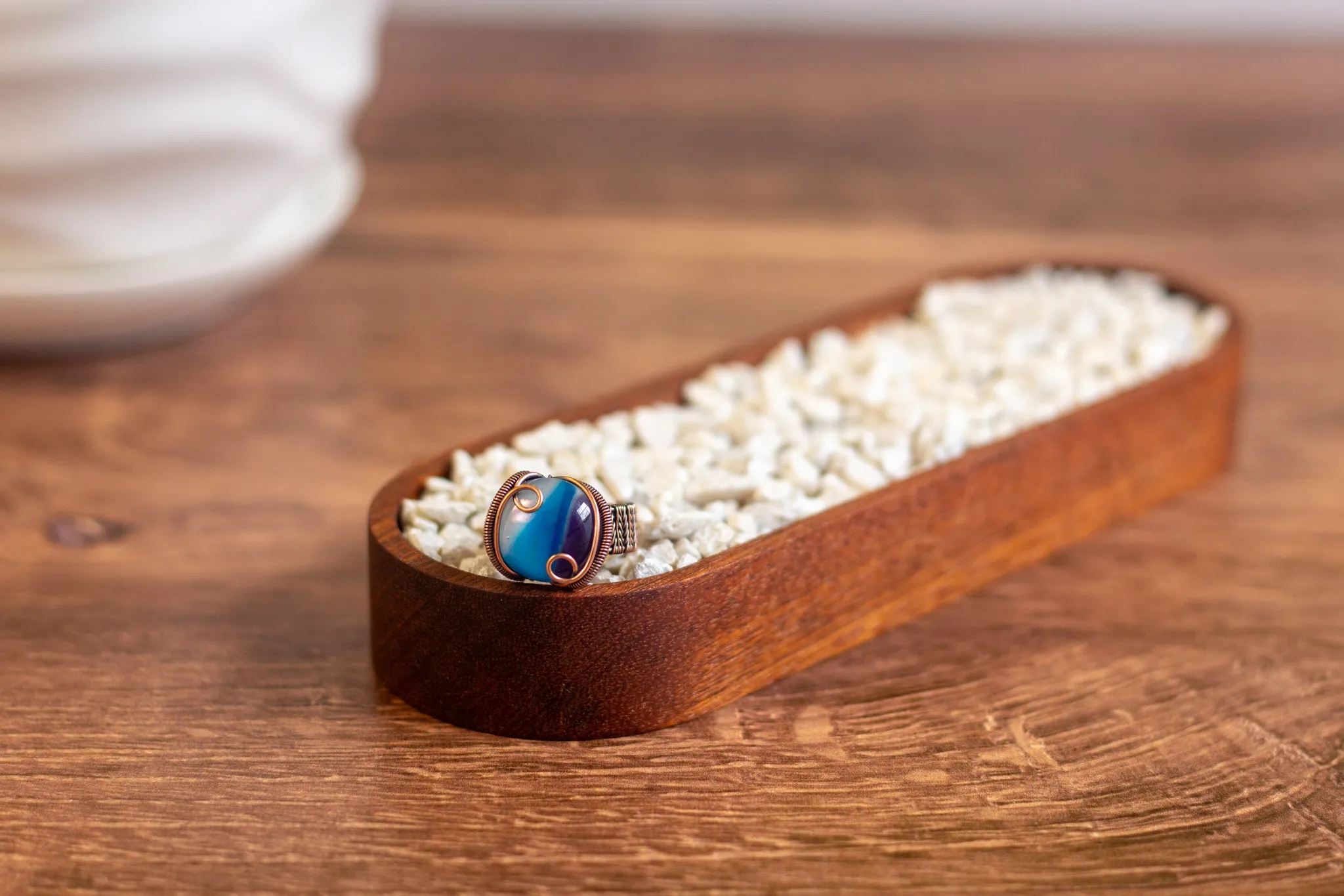 Dichroic Blue, Purple, and White Fused Glass and Copper Statement Ring