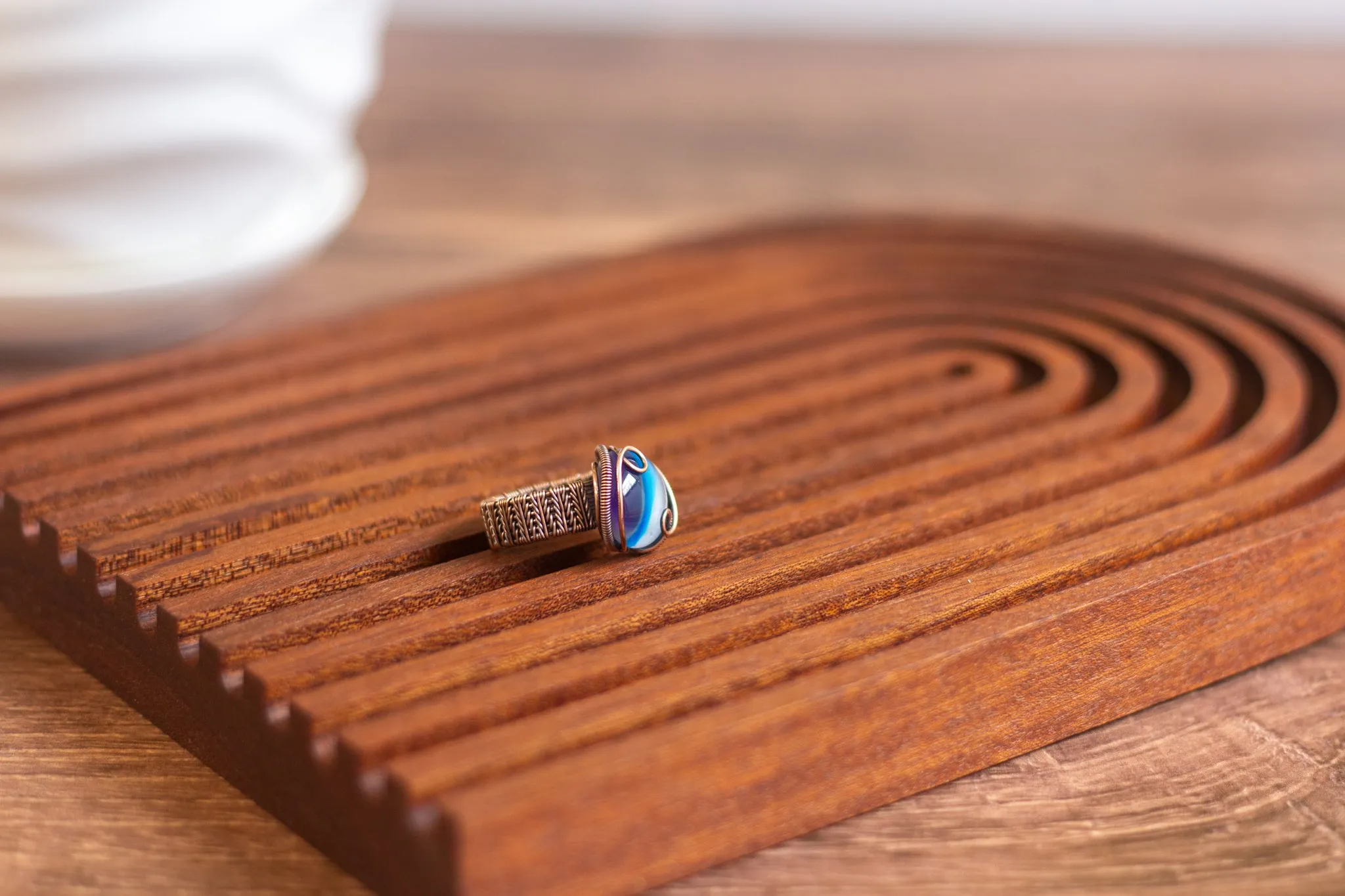 Dichroic Blue, Purple, and White Fused Glass and Copper Statement Ring
