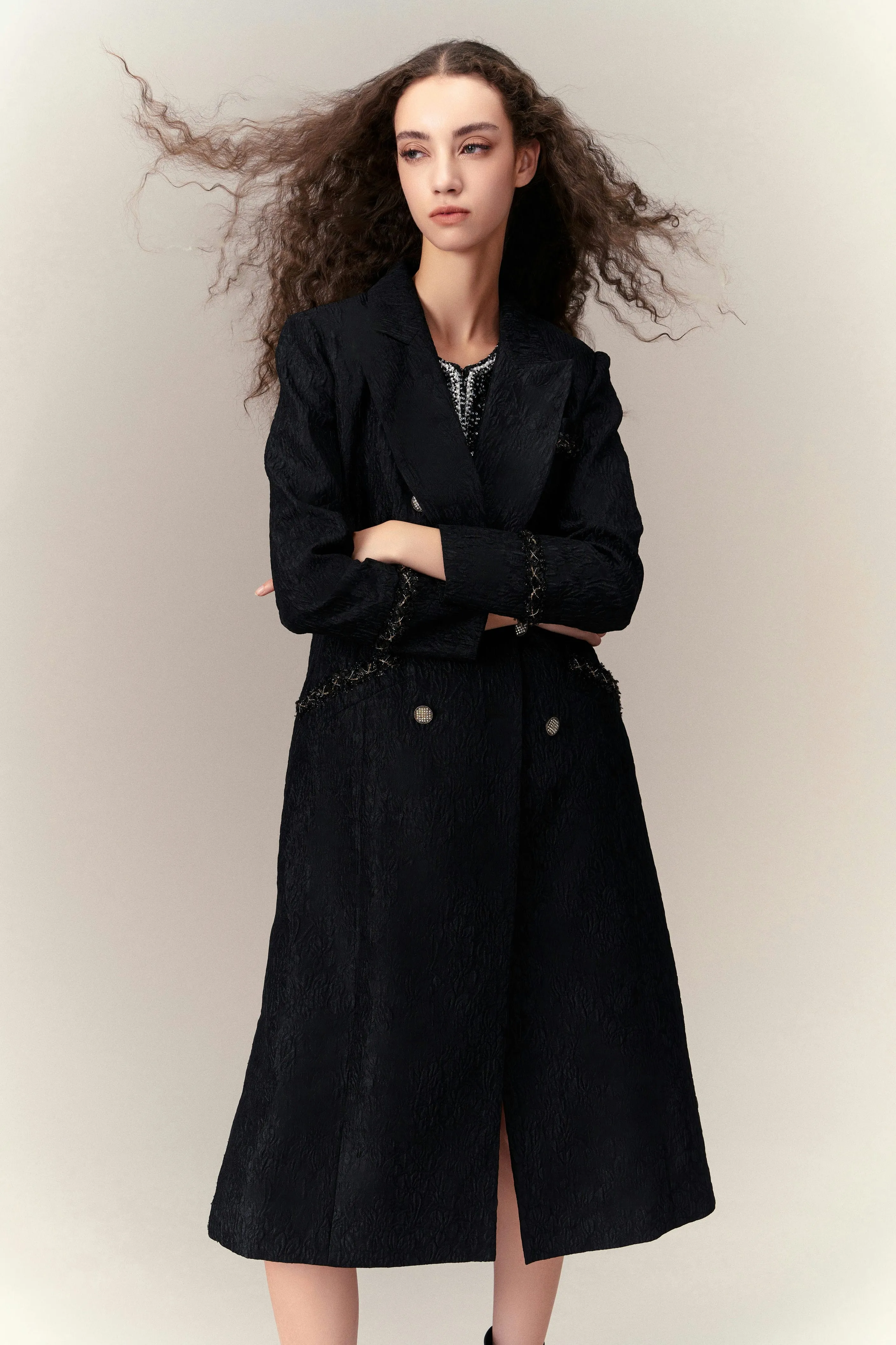 Double-breasted Embossed Pattern Maxi Coat