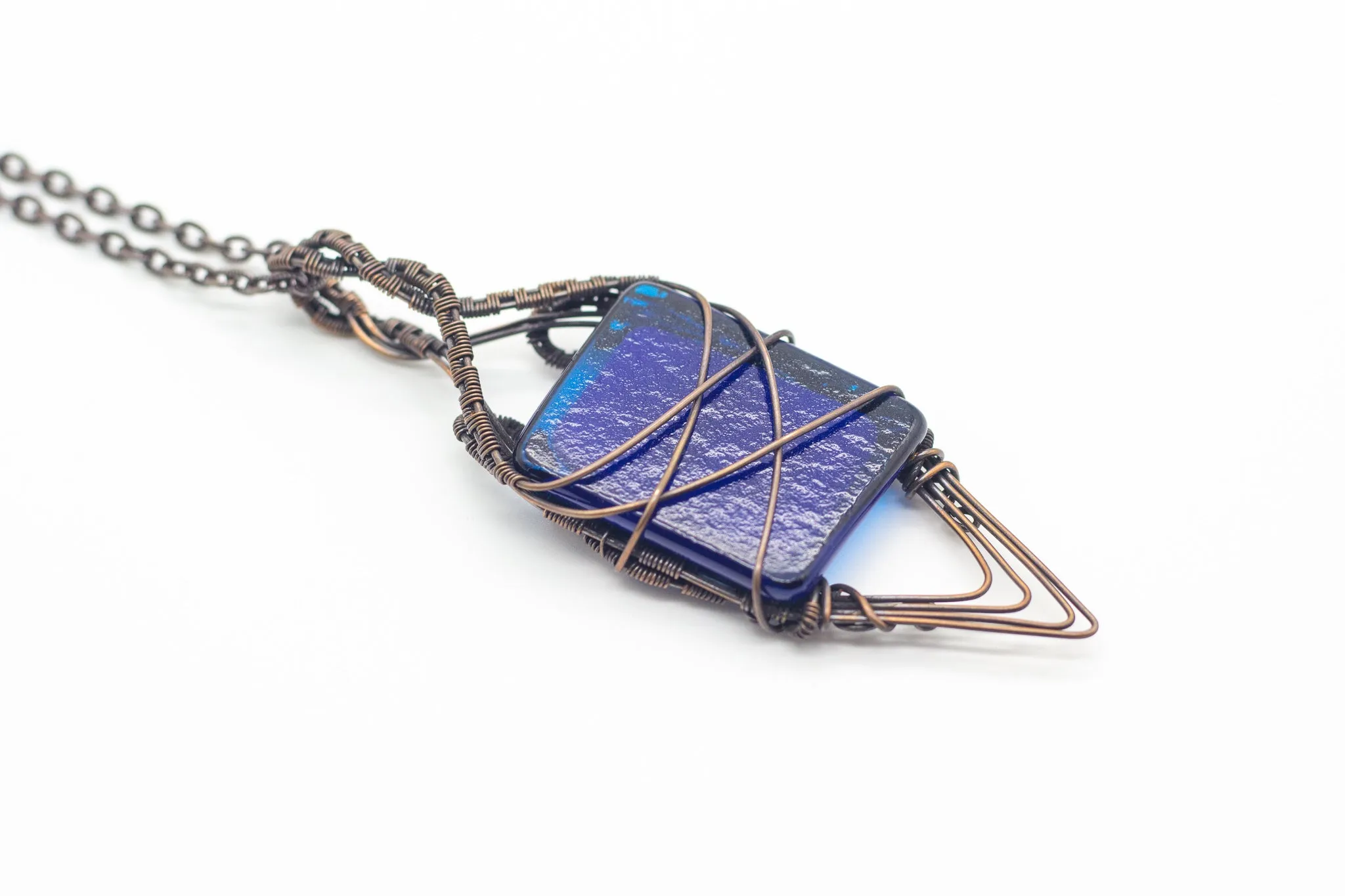 Double Sided Copper Wire Wrapped Necklace with Streaked Blue Fused Glass