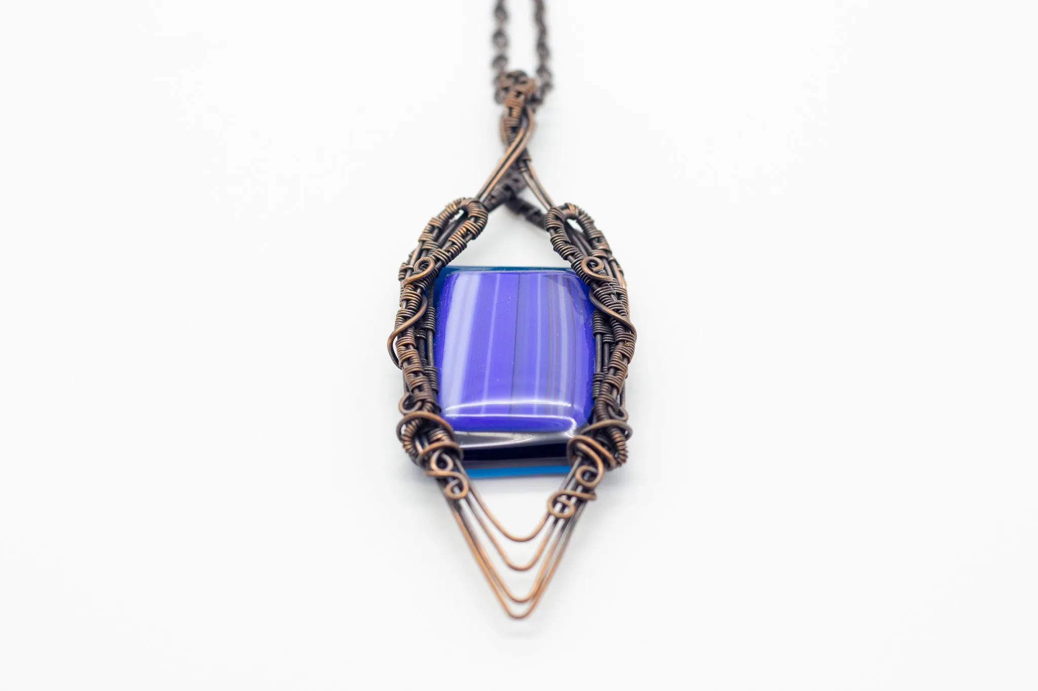 Double Sided Copper Wire Wrapped Necklace with Streaked Blue Fused Glass