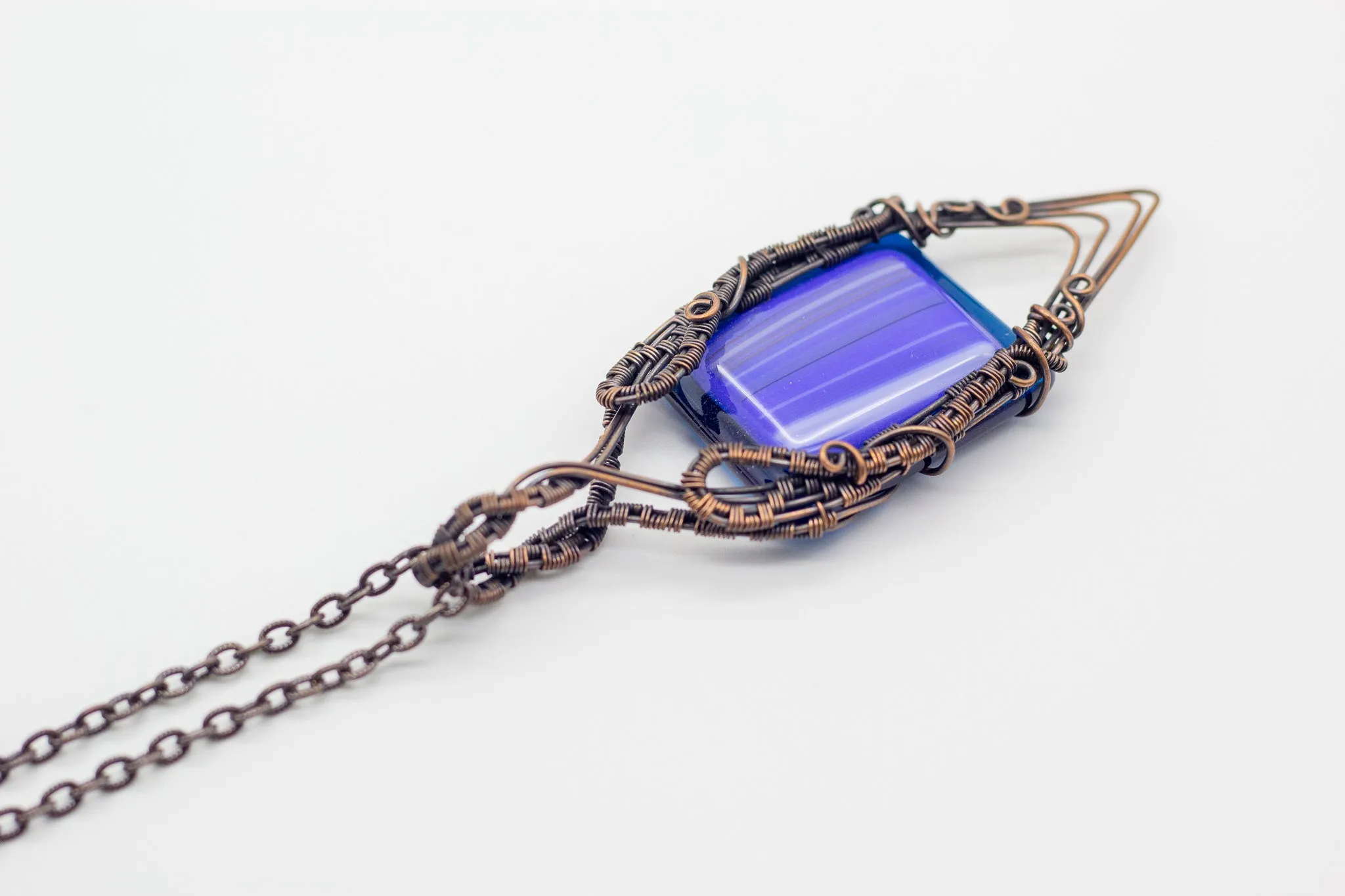 Double Sided Copper Wire Wrapped Necklace with Streaked Blue Fused Glass