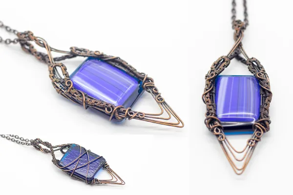 Double Sided Copper Wire Wrapped Necklace with Streaked Blue Fused Glass