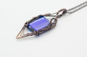 Double Sided Copper Wire Wrapped Necklace with Streaked Blue Fused Glass