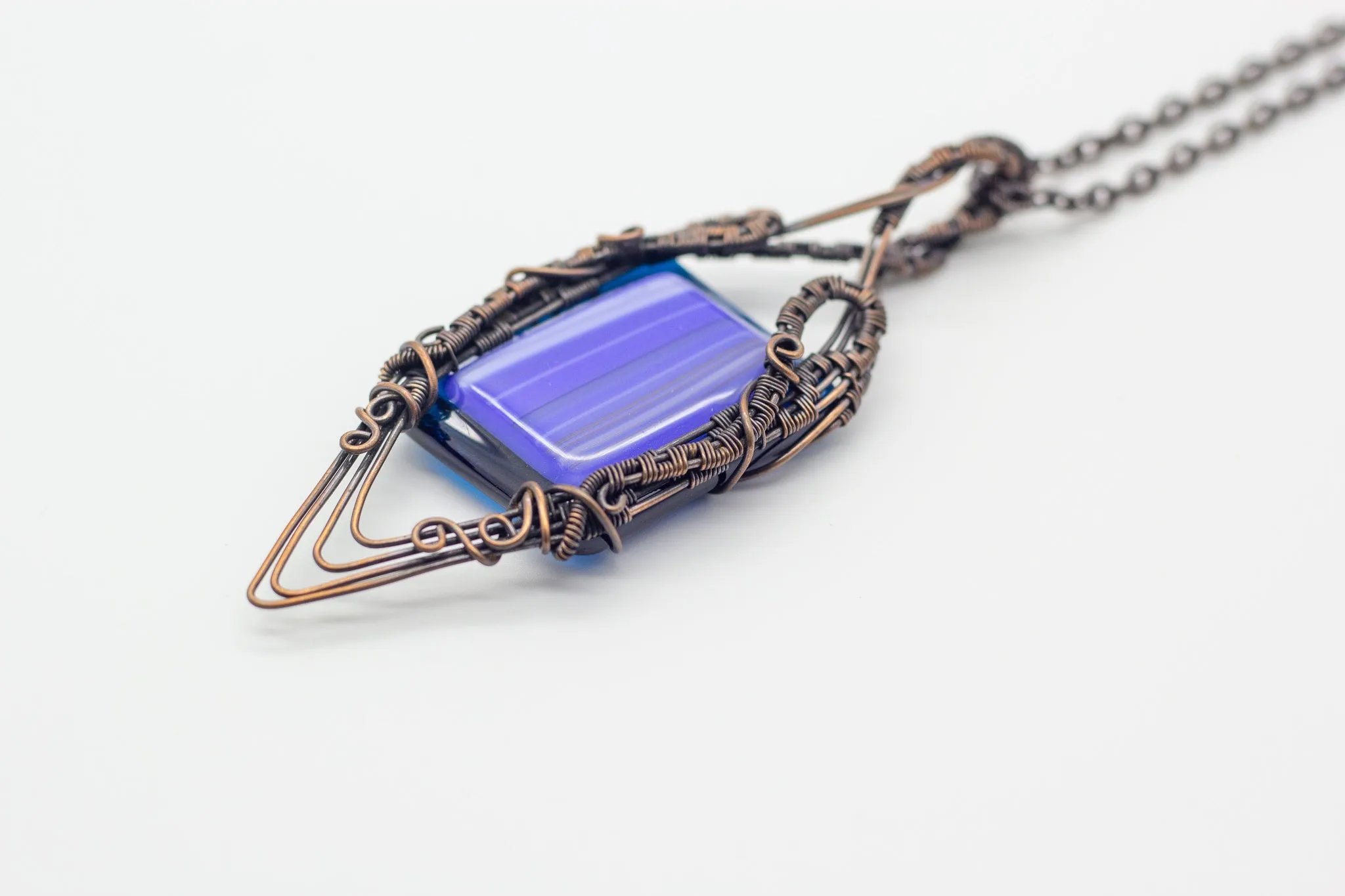 Double Sided Copper Wire Wrapped Necklace with Streaked Blue Fused Glass