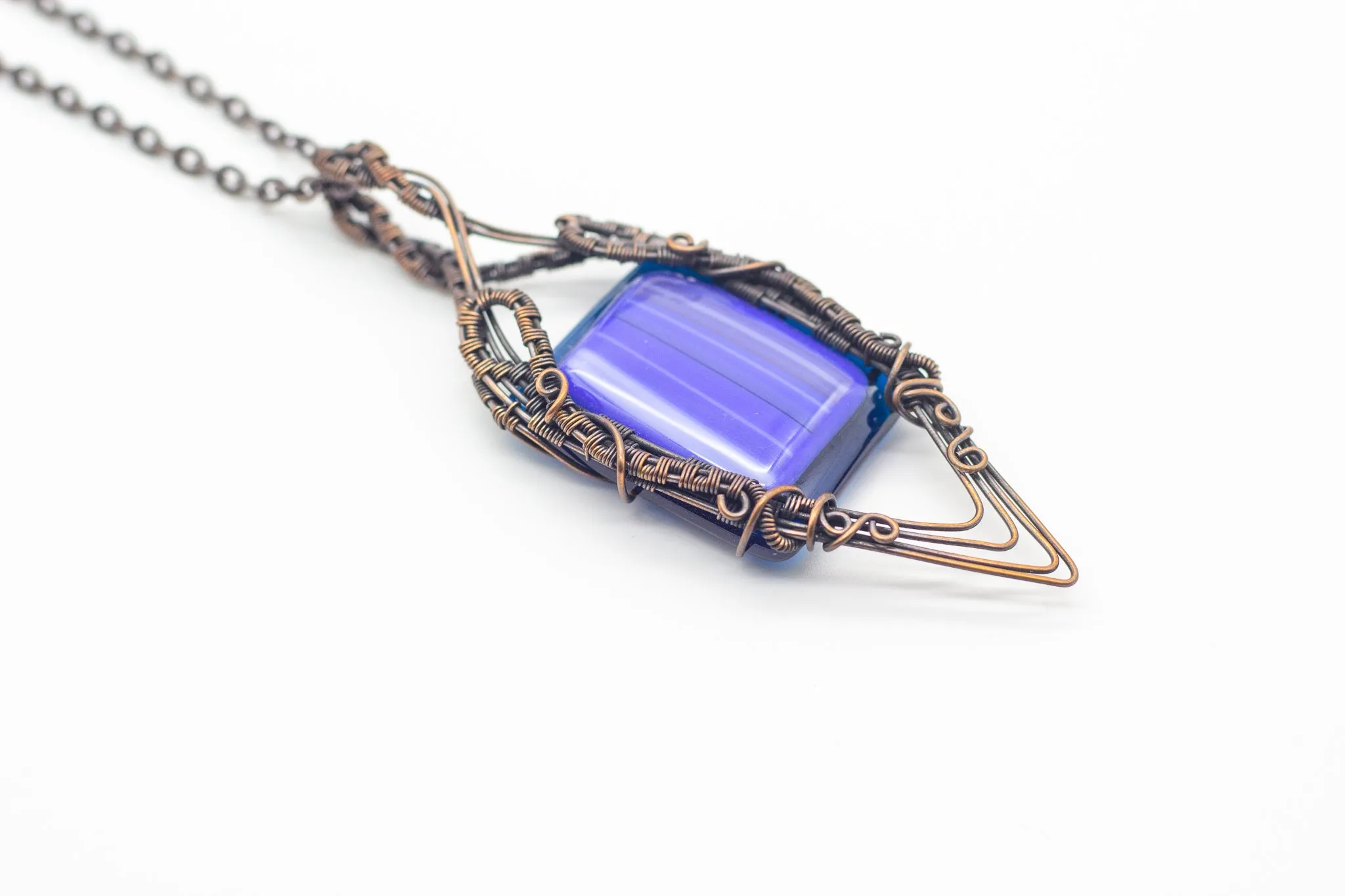 Double Sided Copper Wire Wrapped Necklace with Streaked Blue Fused Glass