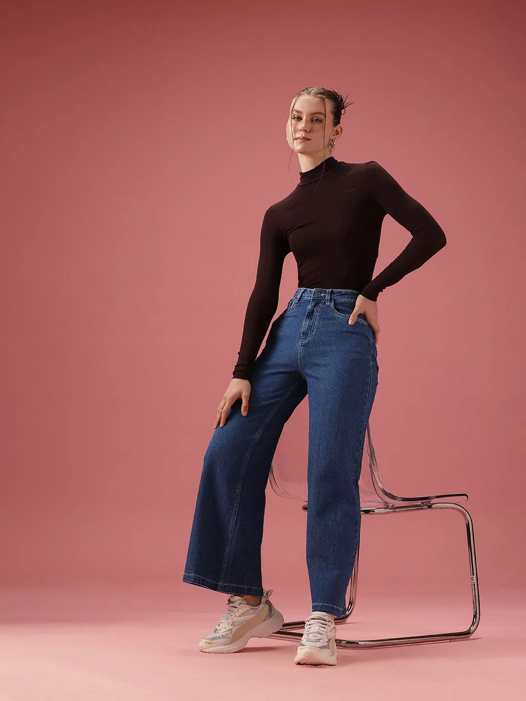 DressBerry Women Wide Leg High-Rise Light Fade Stretchable Jeans