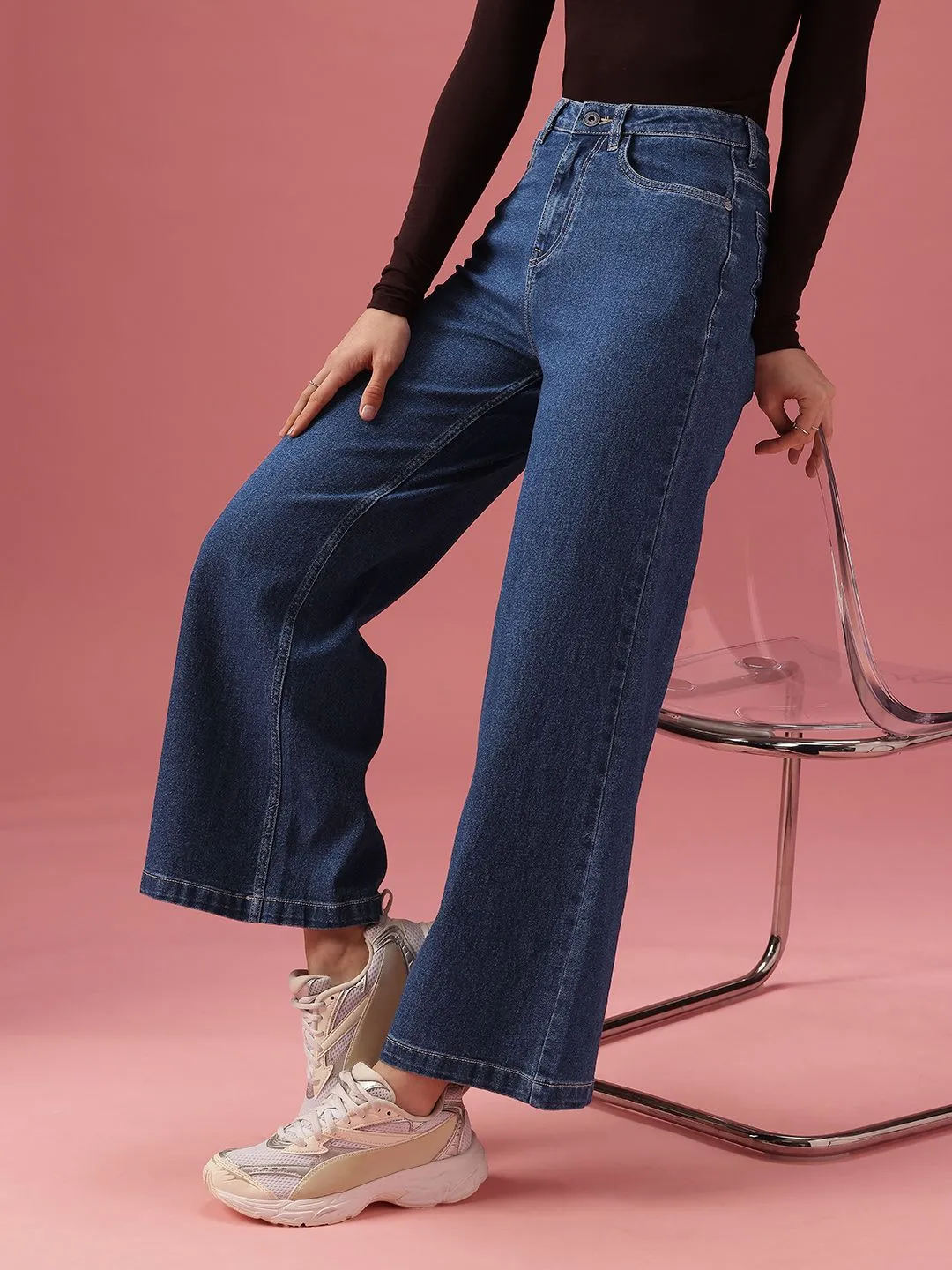 DressBerry Women Wide Leg High-Rise Light Fade Stretchable Jeans