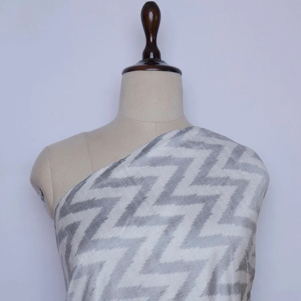 Dull White Dupion Silk Ikkat Fabric With Chevron Pattern