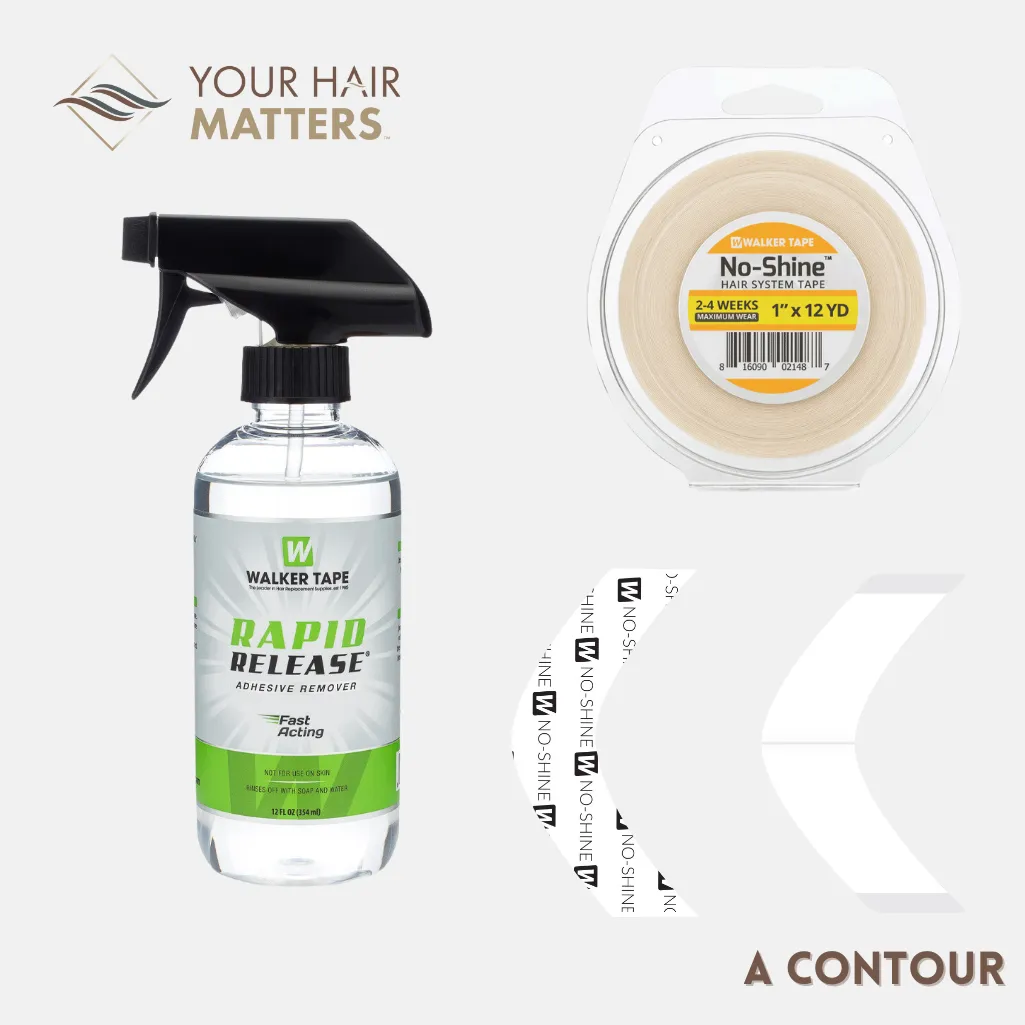 EASY INSTALL KIT - For Hair System 2-4 WEEK WEAR with TAPE ROLL, 36 CONTOUR STRIPS, and RAPID RELEASE SOLVENT (WALKER)