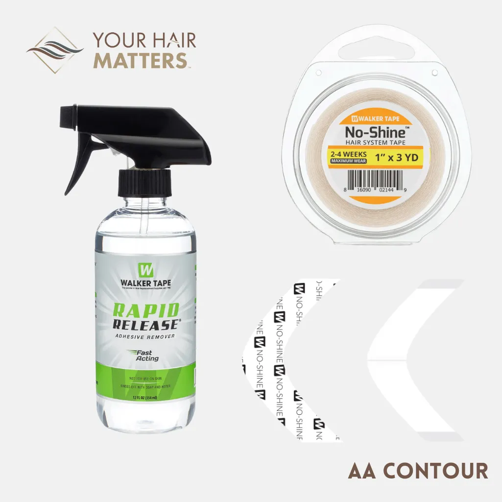 EASY INSTALL KIT - For Hair System 2-4 WEEK WEAR with TAPE ROLL, 36 CONTOUR STRIPS, and RAPID RELEASE SOLVENT (WALKER)