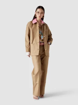 Ecru Cotton Workwear Jacket with Contrast Collar