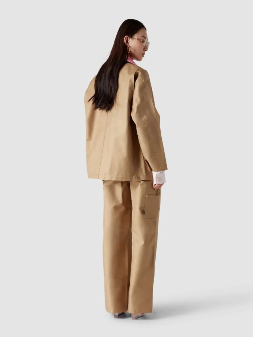 Ecru Cotton Workwear Jacket with Contrast Collar