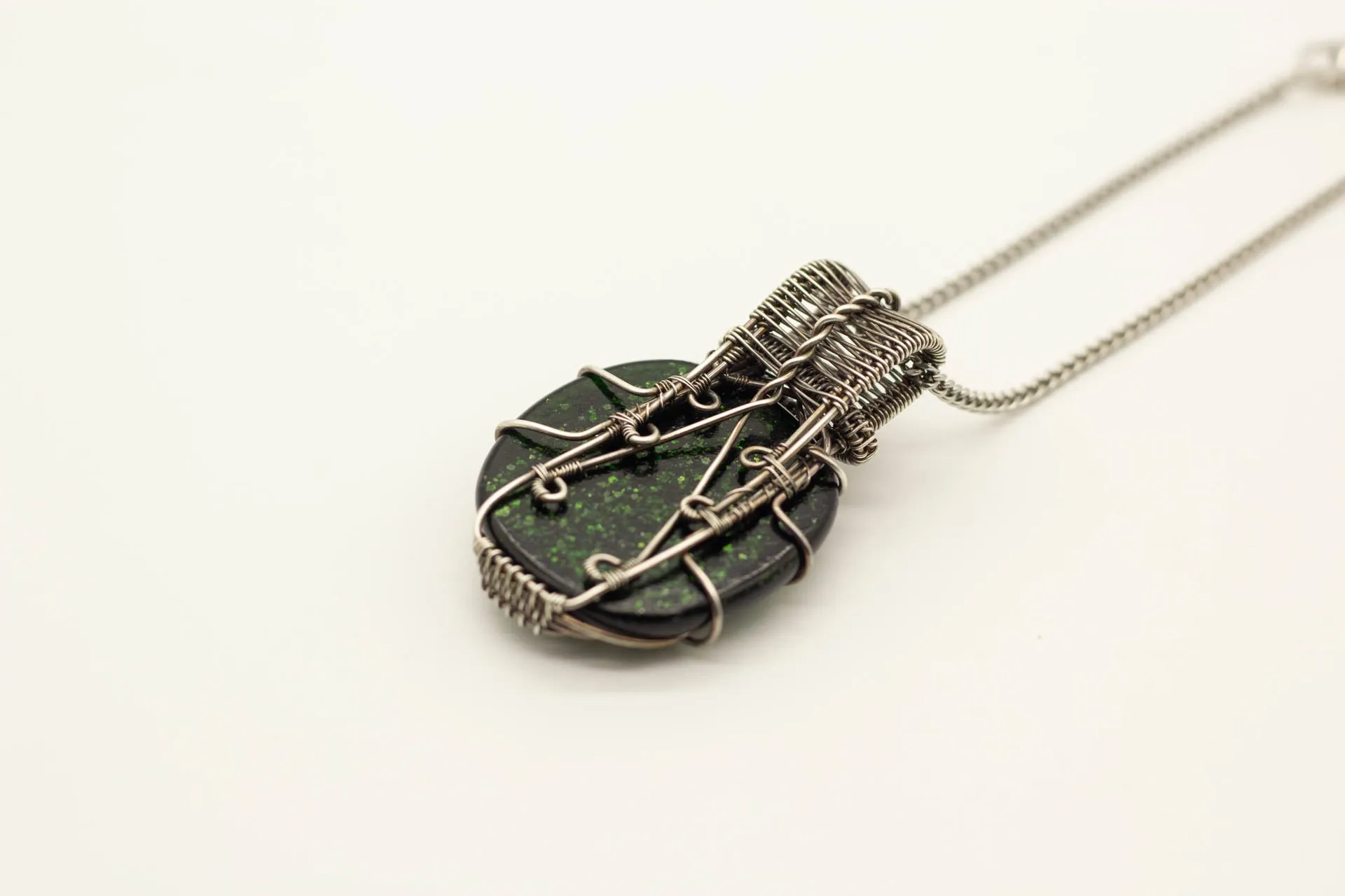 Elegant Green Dichroic Fused Glass and Sterling Silver Statement Pendant